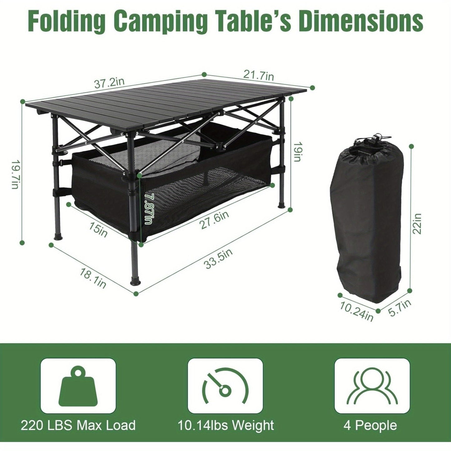 Adjustable Height Folding Table with Storage Bag Durable Metal Tripod Base for Beach Picnic BBQ Patio Lightweight Compact Indoor Outdoor Use198