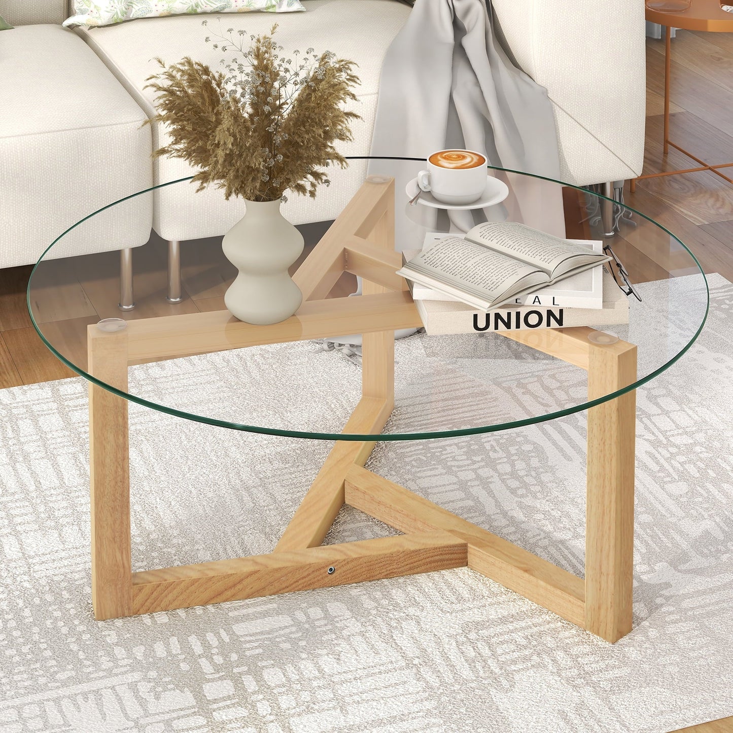 [New Picture] ON-TREND Round Glass Coffee Table Modern Cocktail Table Easy Assembly with Tempered Glass Top & Sturdy Wood Base, Natural (OLD SKU: WF190112AAL)