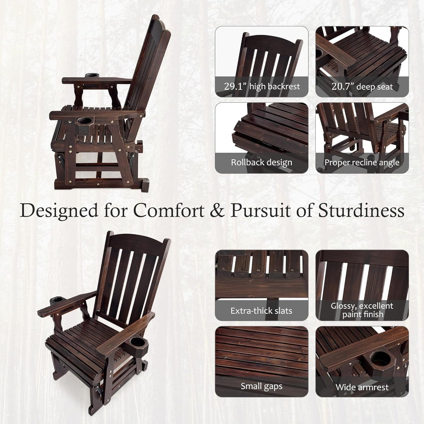 Fortune Candy Wooden Patio Glider with High Back and Deep Contoured Seat for 1 Person, Deep Brown