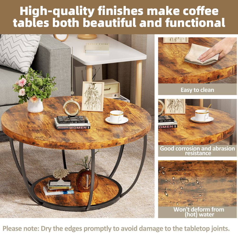 LUMAMIN 31.5" Round Coffee Table with Storage, 2 Tier Modern Small Wood Center Table with Metal Legs for Living Room, Bedroom, Rustic Brown