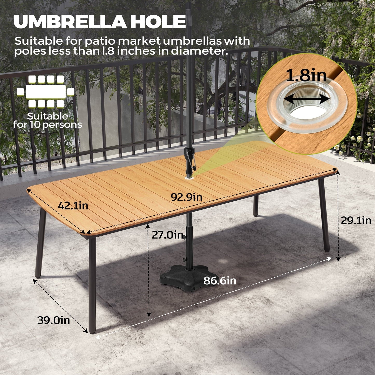 Pellebant 93" Outdoor Dining Table for 8–10 People, Patio Rectangle Table with Wood-Like Tabletop and Umbrella Hole, Aluminum Frame for Garden, Lawn, or Backyard, Brown