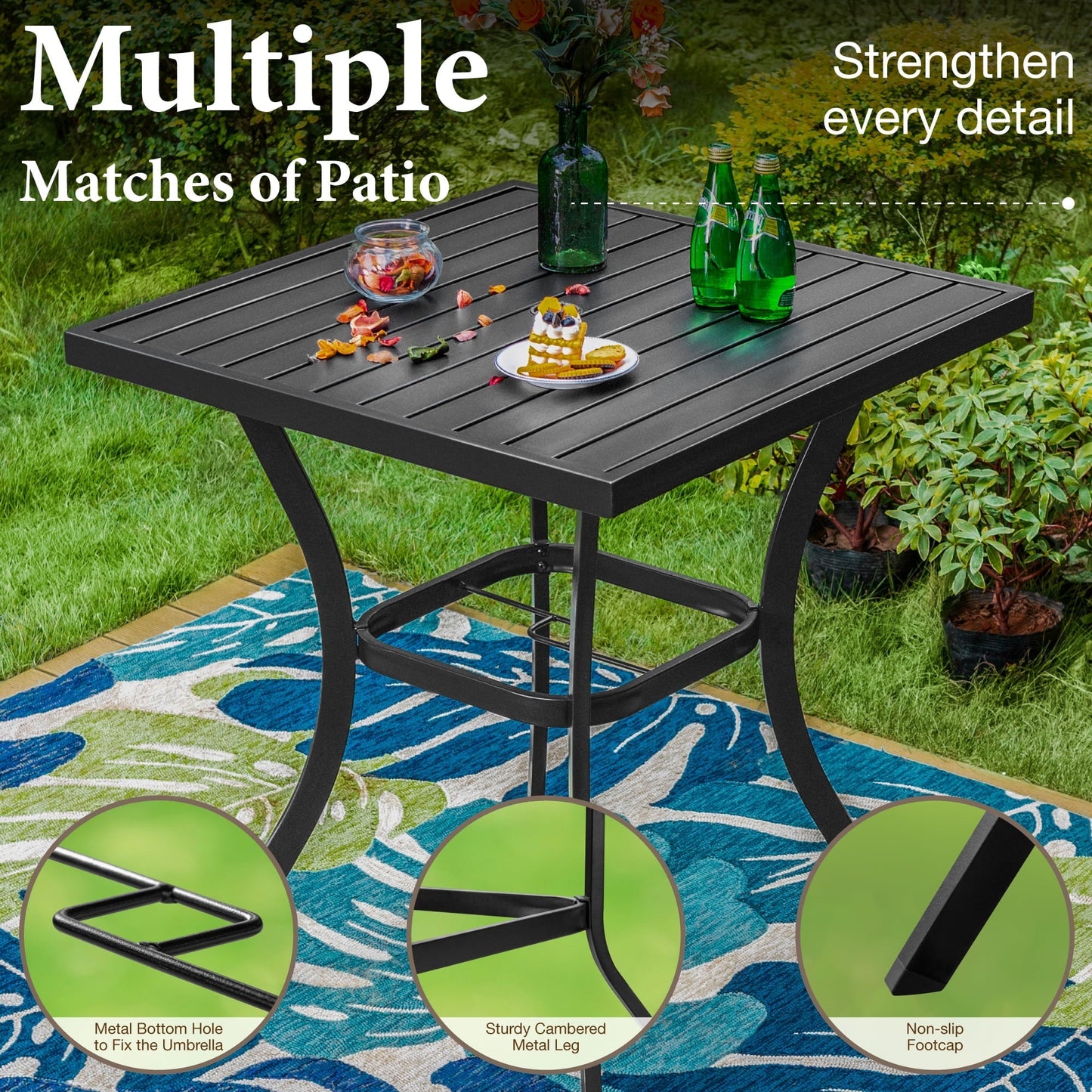 Summit Living 36"H Outdoor Counter Height Pub Table with Umbrella Hole, Patio Metal Bistro Bar Table, Black