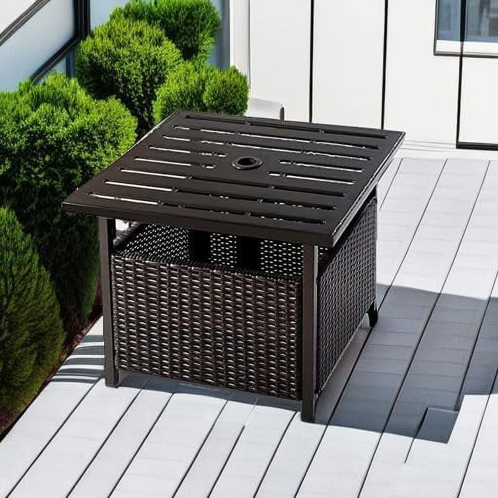 SUPQ Outdoor Side Table with Umbrella Hole, 22" Wicker Umbrella Stand Holder and Base, Weather-Resistant PE Rattan Patio End Table for Deck Garden Poolside (Metal Tabletop, Brown)