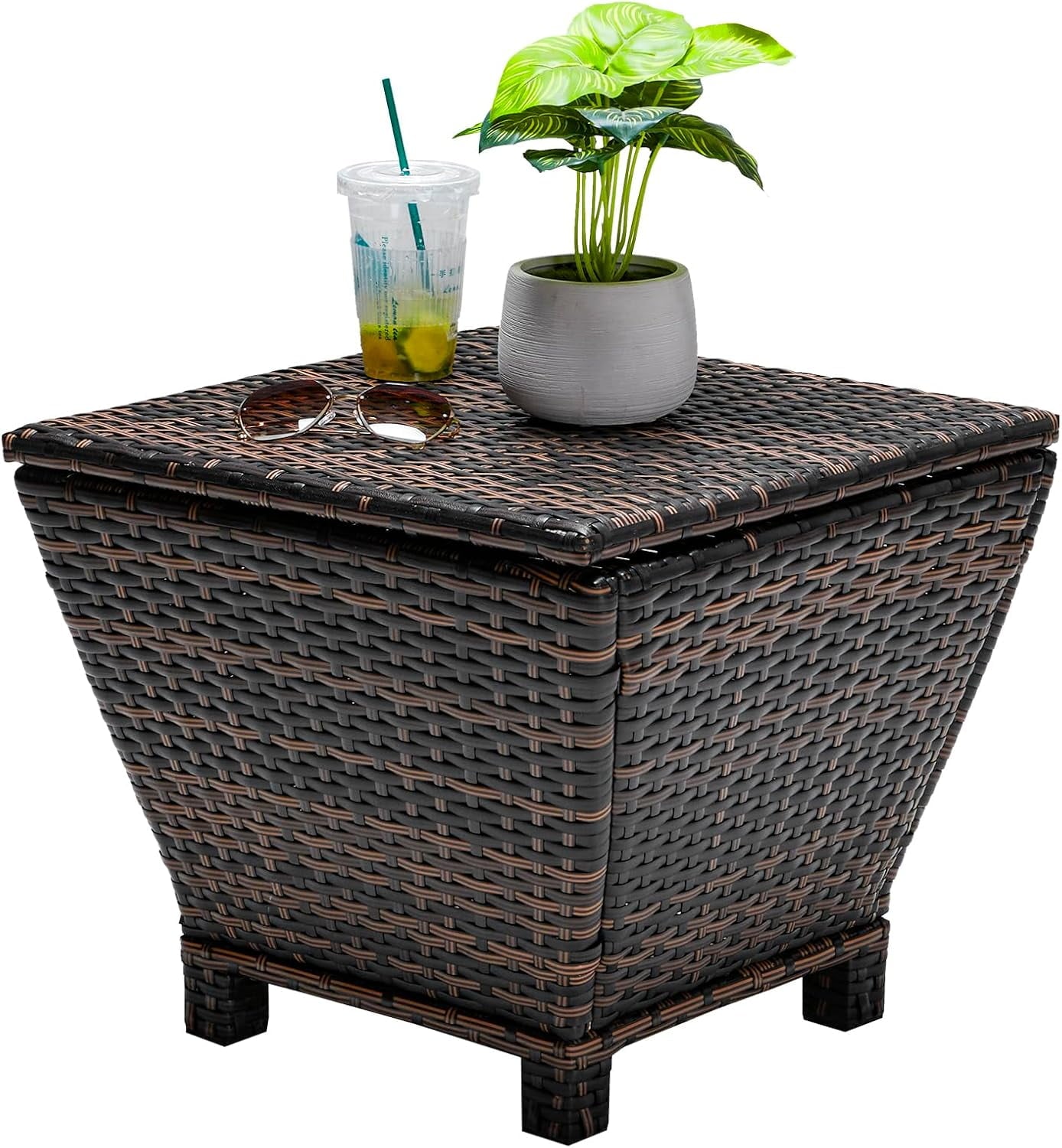 ETHFRF Outdoor Side Table with Storage, 27-Gallon Patio Deck Box Outdoor Wicker Side Table for Poolside Balcony Storage Table (Brown, Square)，Brown
