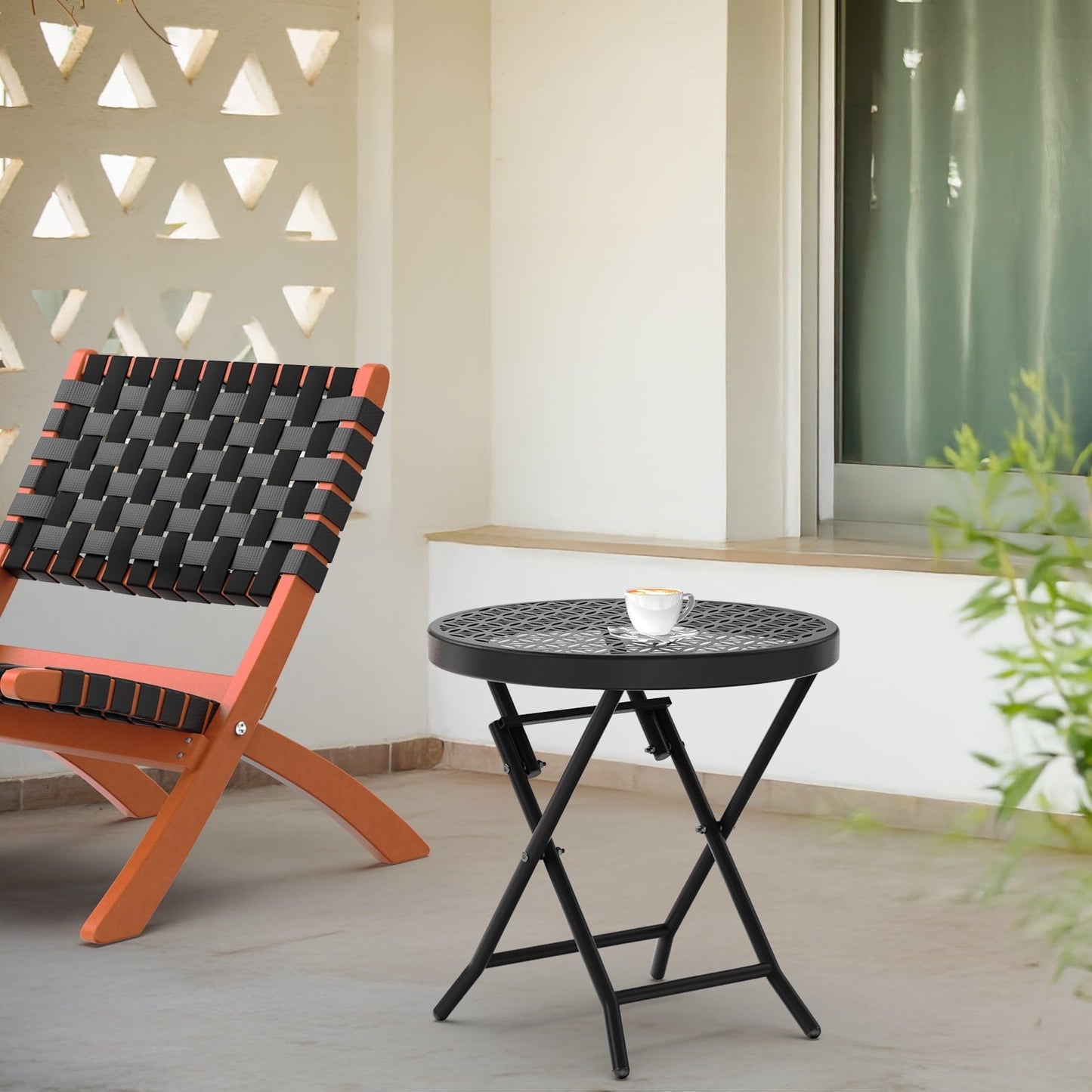 Ktaxon Folding Side Table, Patio Small End Table with X-Shaped, Outdoor Metal Floral Pattern Table for Balcony  Porch Backyard Deck, Black