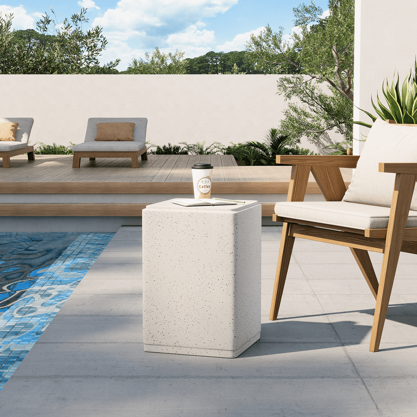 MOALCOFER Outdoor Side Table,Rectangle Concrete End Table with Spotted for Patio,White