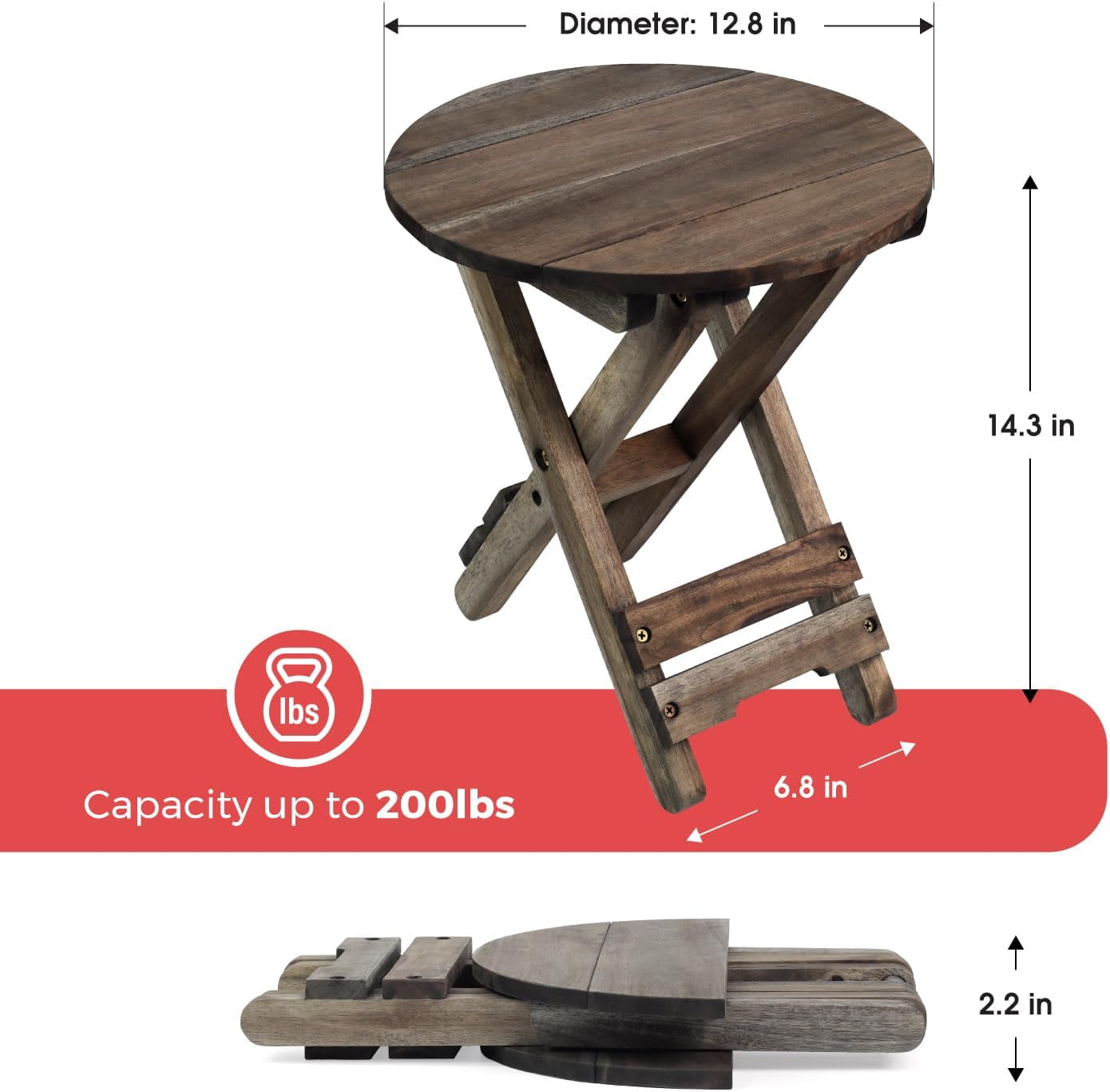 Small Patio Table, Outdoor Folding Side Table, Portable Accent Coffee End Table, Wood Top for Living Room, Bedroom (Round - Walnut-Set of 2)