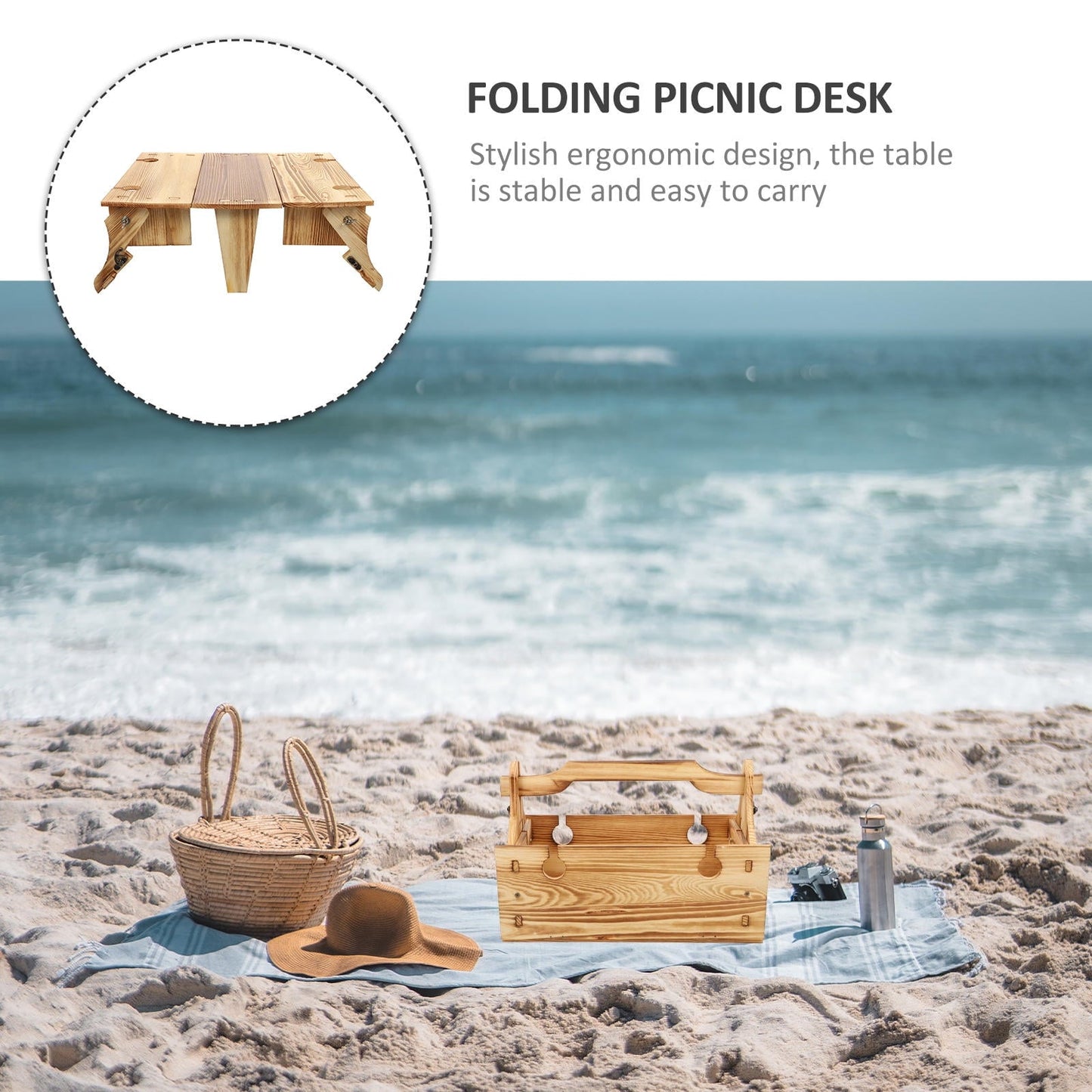Raindrops 1Set Folding Picnic Basket Table Light Brown Rectangular for Outdoor Activities with Wood and Plastic