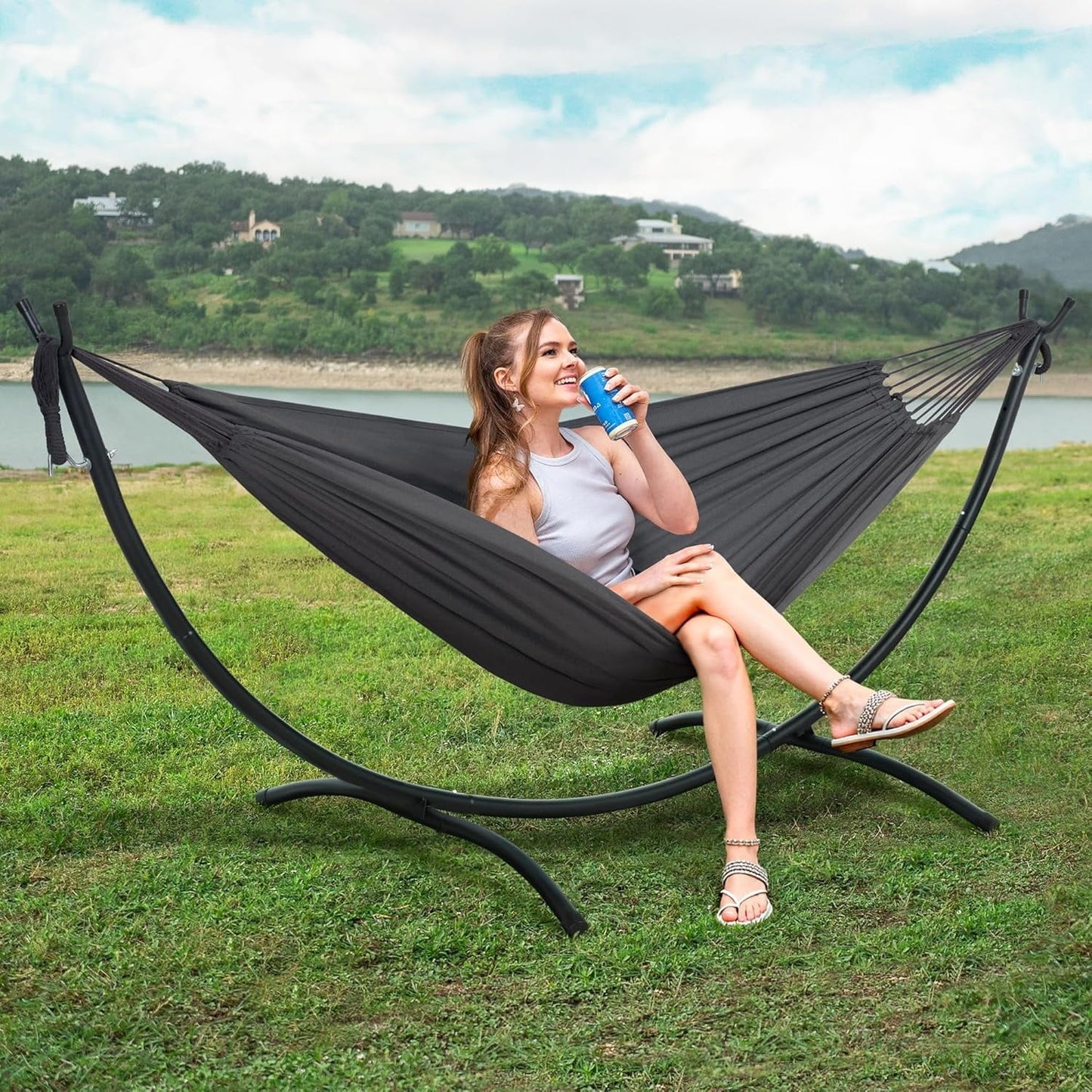 SUNCREAT Hammocks Standing Patio Hammock, Portable Hammock with Stand Foldable, Dark Gray