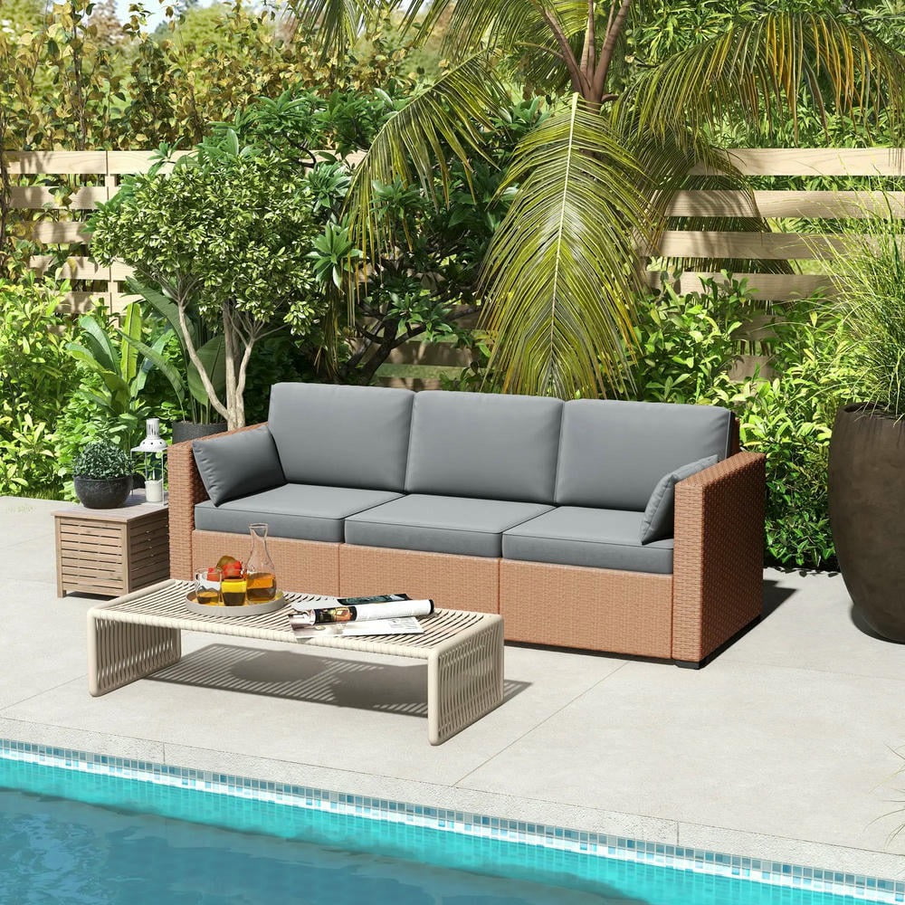 Barara King Patio Outdoor Sofa,Patio Couch PE Wicker Deep Seating Outdoor Sofa with Removable Cushions, 3 Seater Rattan Sofa, Sand