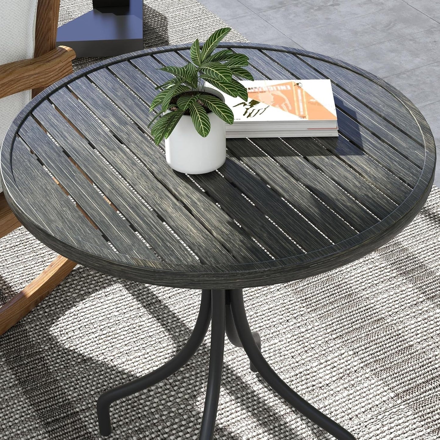 THTGCD Outdoor Side Table, 26" Round Patio Table with Steel Frame and Slat Tabletop for Garden, Backyard, Porch, Balcony, Distressed Gray