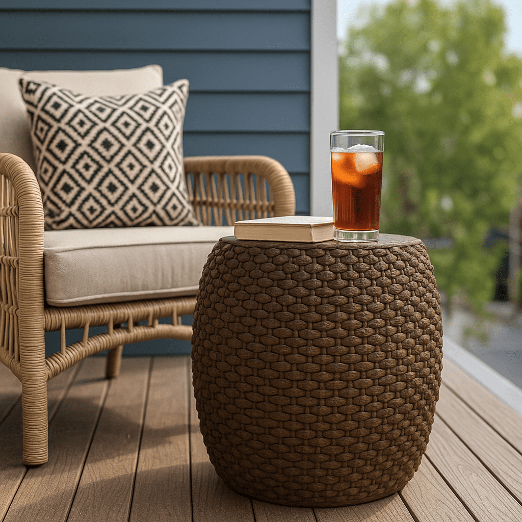 Homy Casa Faux Rattan Side Table for Poolside Lounge or Patio Balcony Relaxation, Brown