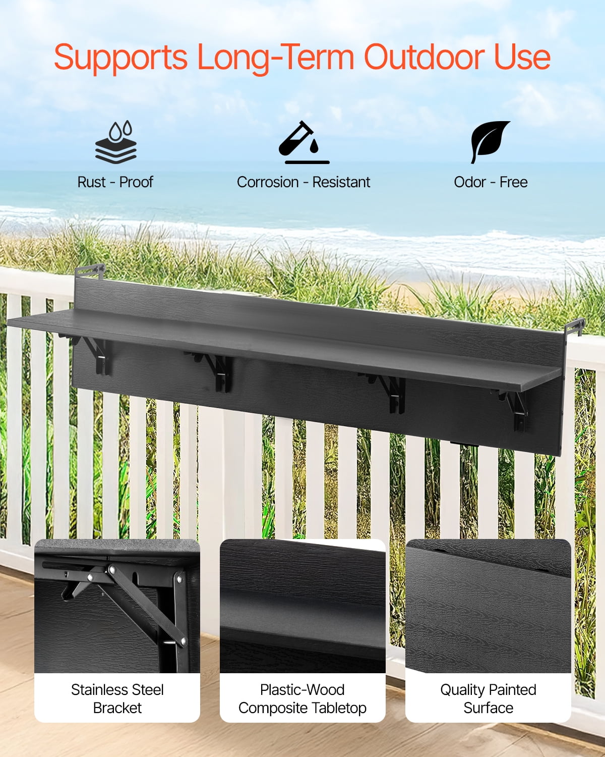 VEVOR Balcony Hanging Table, 12 x 59 in Folding Balcony Railing Table, Outdoor Balcony Bar Table for Railings, 50 lbs Loading, Fit Railing from 1" to 5.9", Serving Table for Patio & Deck