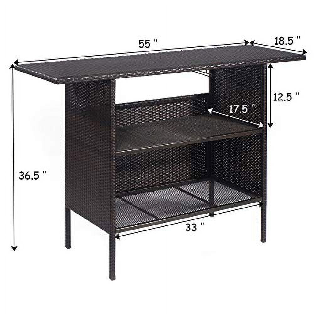 ReunionG Outdoor Wicker Bar Patio Rattan Counter Table with 2 Steel Shelves, 55.1" x 18.5" x 36.2"(L x W x H), Brown