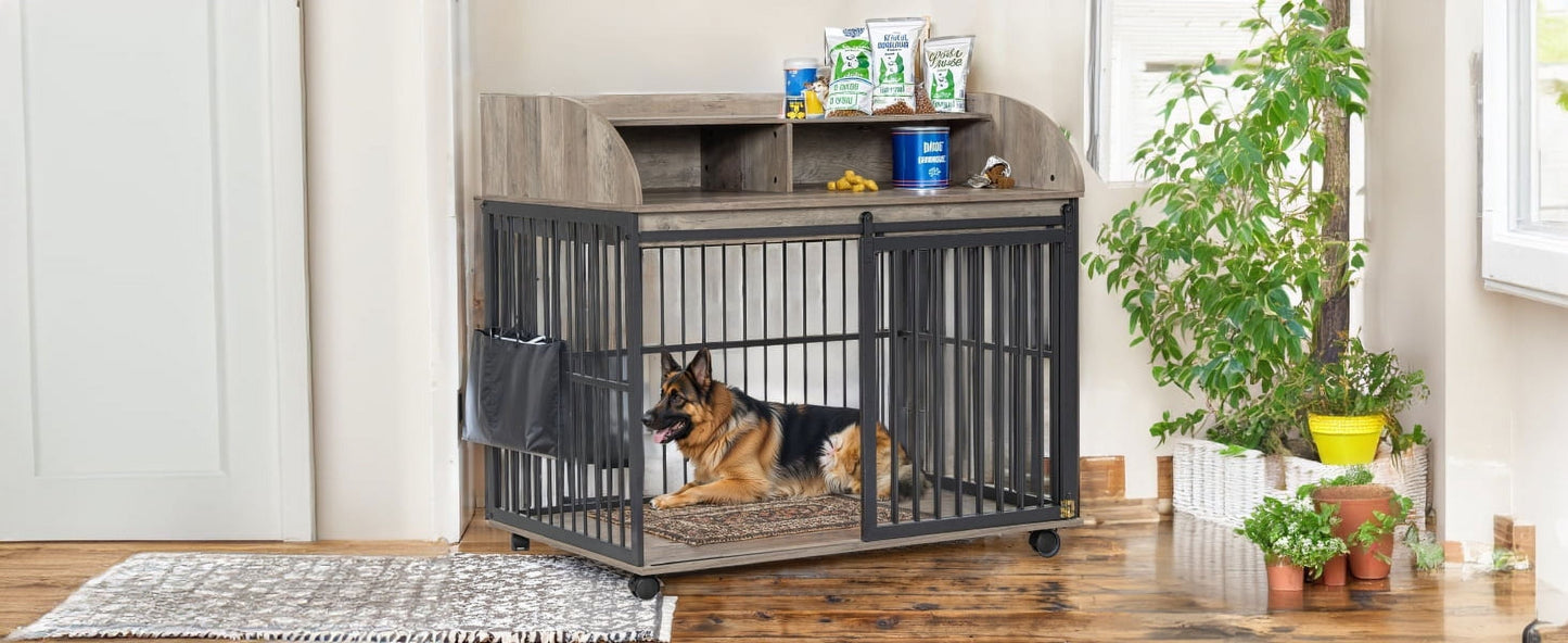 Noaman GO 44'' Heavy Duty Large Dog Crate Furniture with Lockable Wheels, Wooden Dog Kennel & End Table with Double Layer Storage, Gray