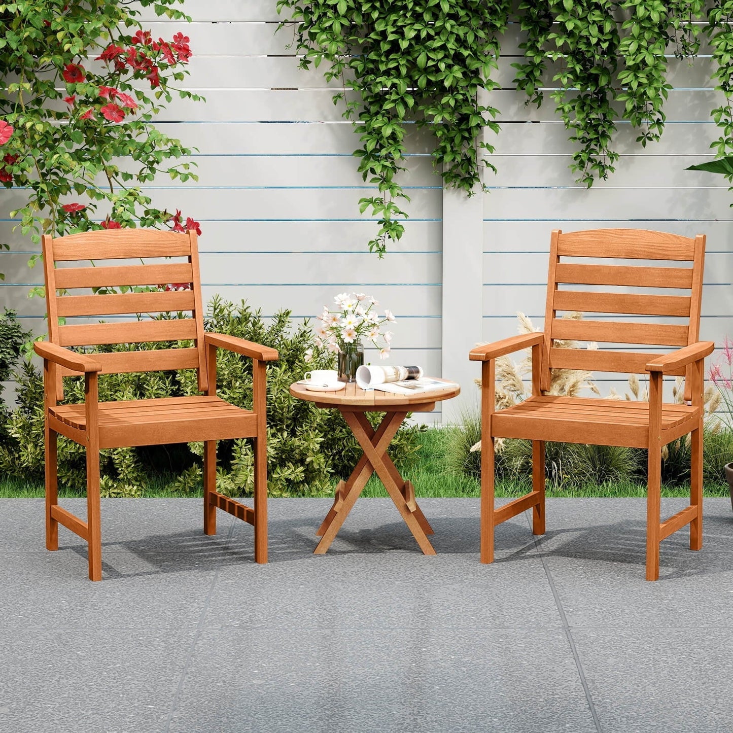 Costway Patio Chairs Set of 2 with Inclined Backrests and Slatted Seats for Deck