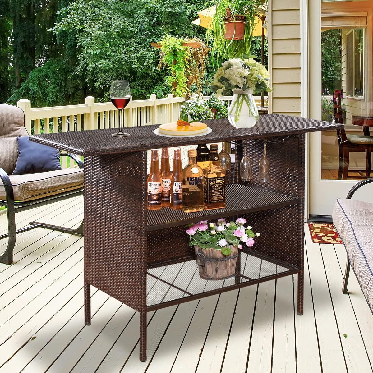 ReunionG Outdoor Wicker Bar Patio Rattan Counter Table with 2 Steel Shelves, 55.1" x 18.5" x 36.2"(L x W x H), Brown