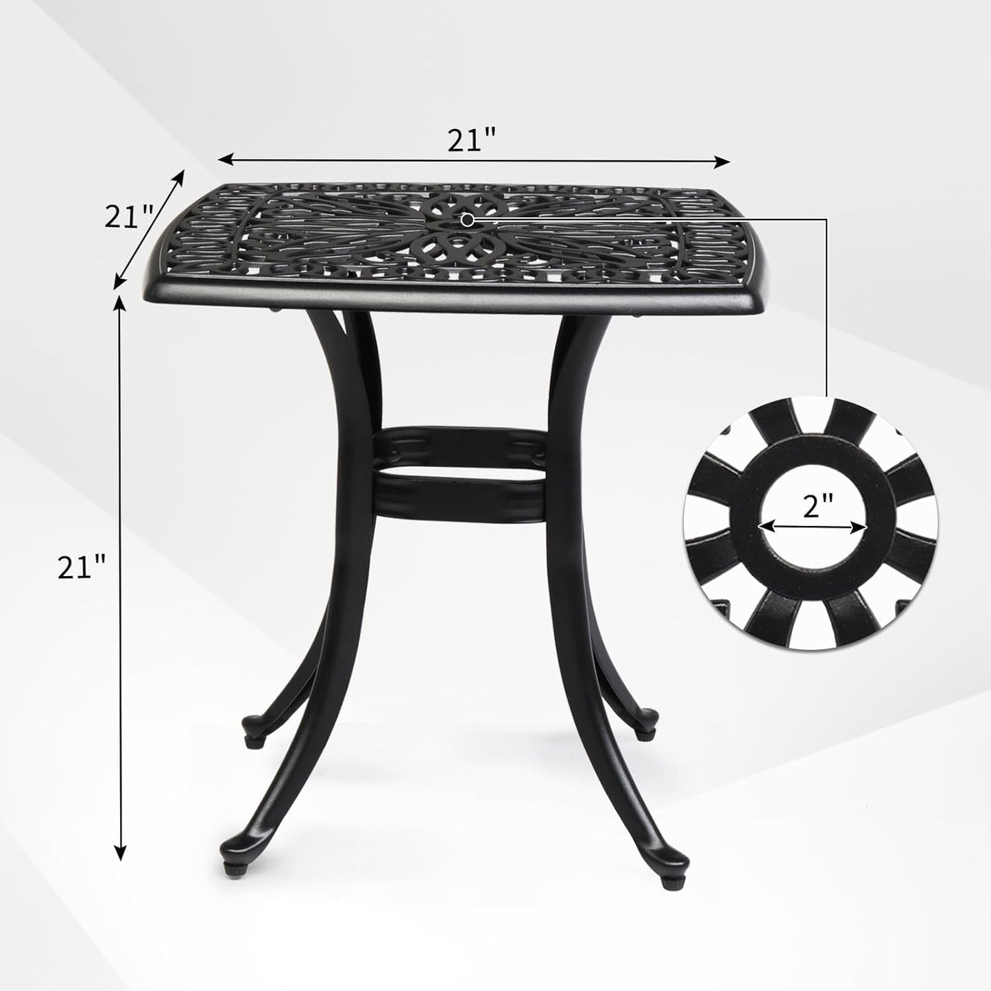 SUPQ 21" Cast Aluminum Patio Table with Umbrella Hole - All Weather, Porch End Table (Black),Square