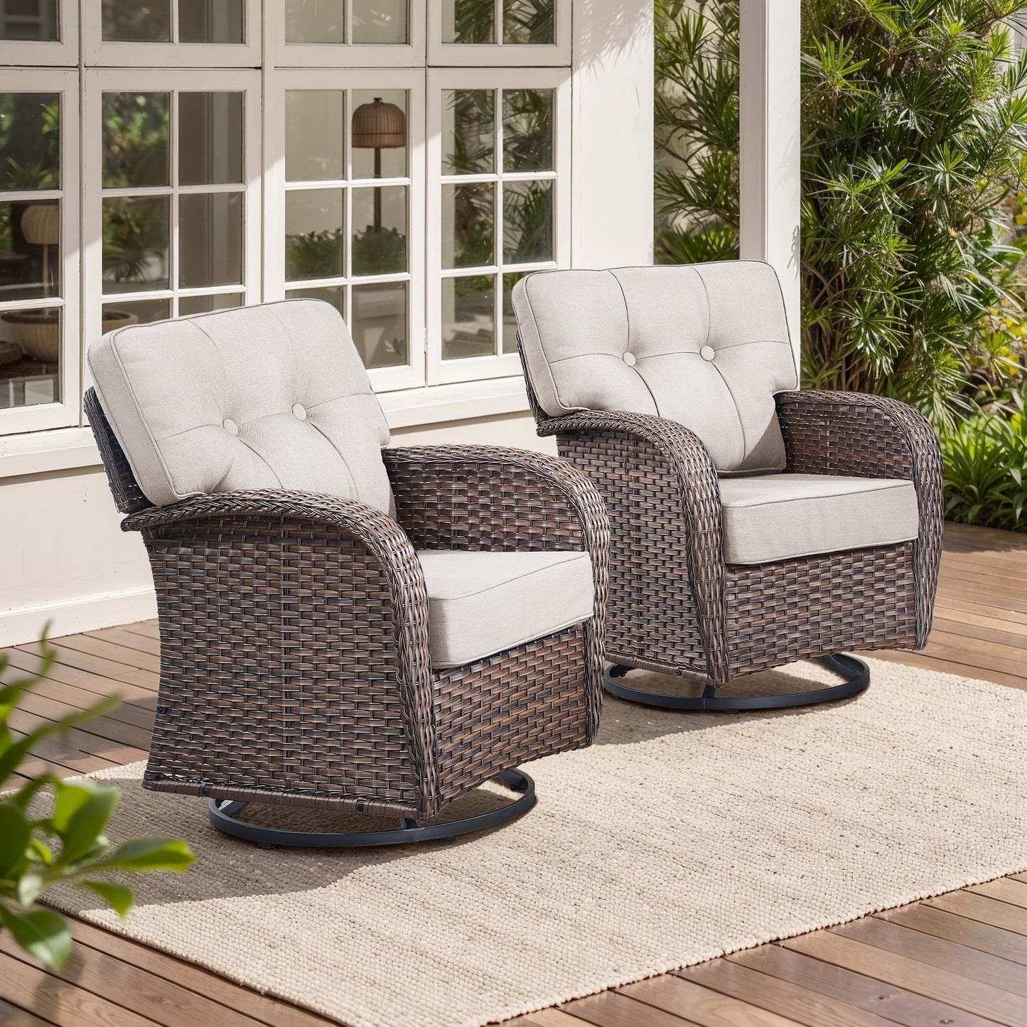 OPOHORO Outdoor Glider Chairs Set of 2, Brown Wicker Patio Furniture Swivel Rockers with T Shape-Back Cushions and 5" Thick Foam, Ideal for Porch and Yard, Beige