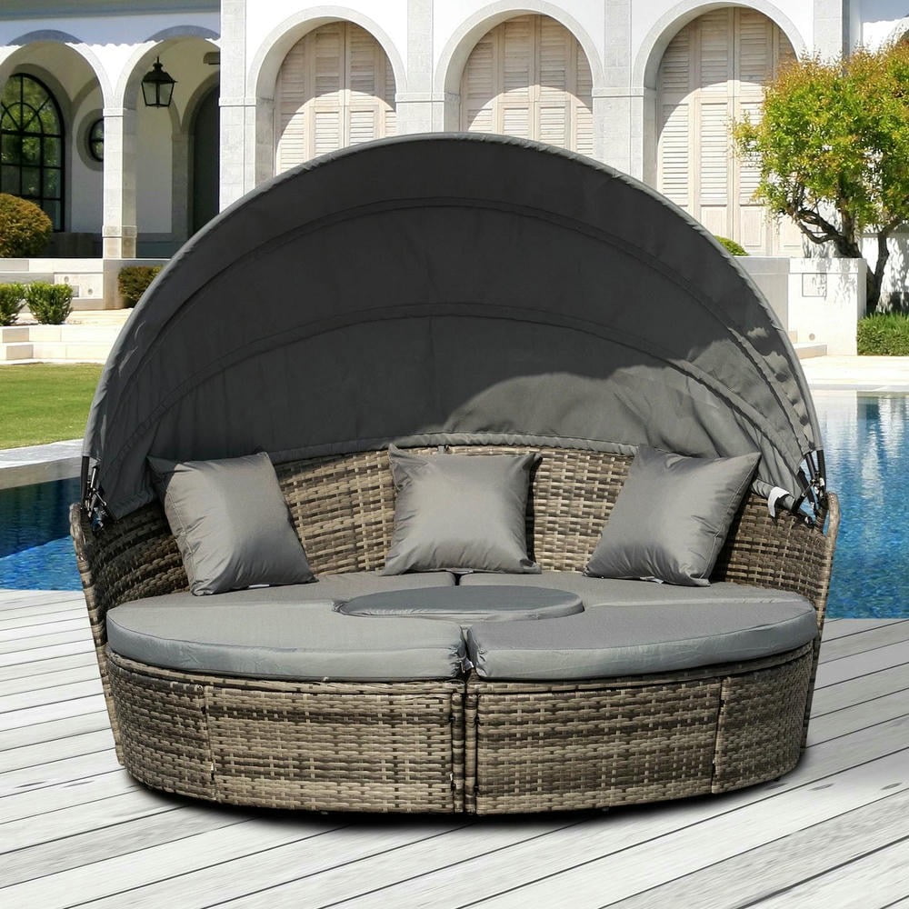GVN Outdoor Daybed Set, Outdoor Bed Loveseat Set,4-Piece Round Convertible Daybed, Outdoor PE Rattan Patio Wicker Sofa Set with 2 Chairs, Table, 3 Pillows, Dark Gray