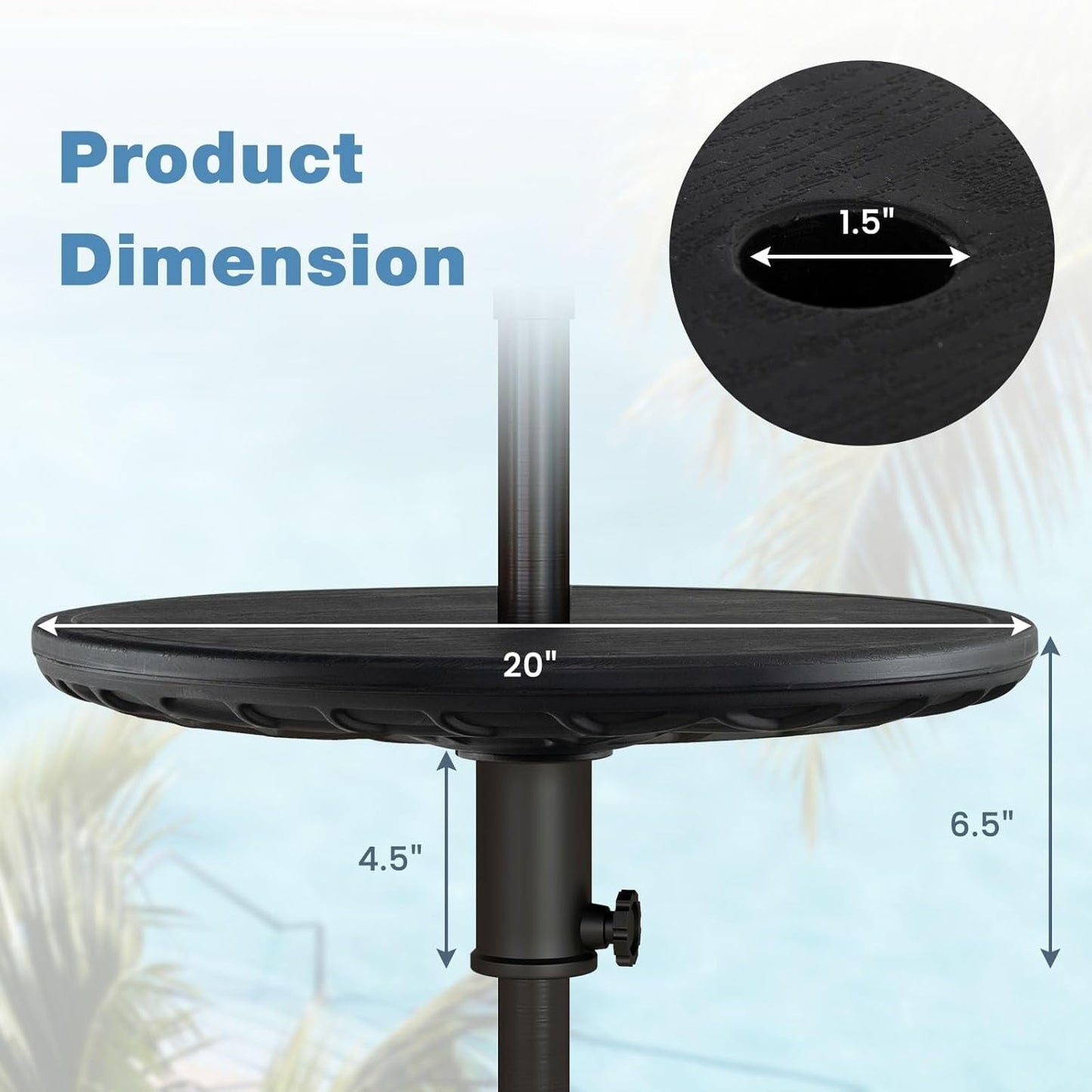 SUPQ Umbrella Pole Table Tray - 20" Outdoor Side Table with 1.5" Umbrella Hole, Height Adjustable Knob, All-Weather PE Matrial, for Patio, Backyard, Deck, Garden, Poolside, Black