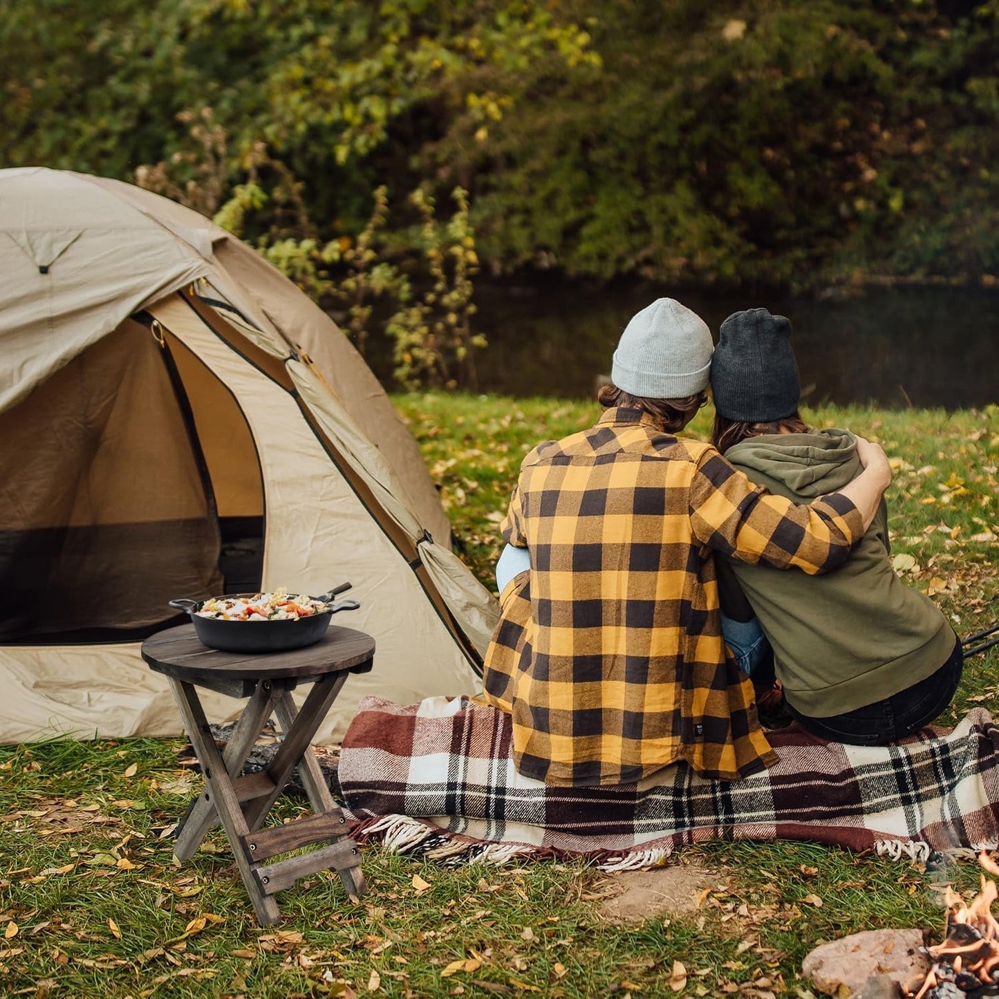 Small Patio Table, Outdoor Folding Side Table, Portable Accent Coffee End Table, Wood Top for Living Room, Bedroom (Round - Walnut-Set of 2)