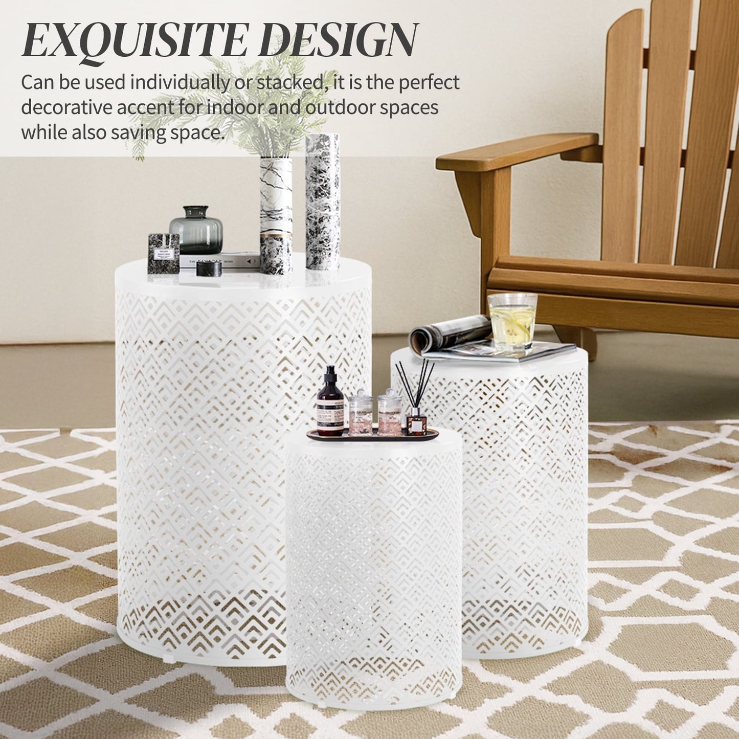 Ktaxon Set of 3 Nesting Stackable Patio Accent Tables, Round Barrel Shape Metal Frame Indoor Outdoor, 12/14/16 in, White