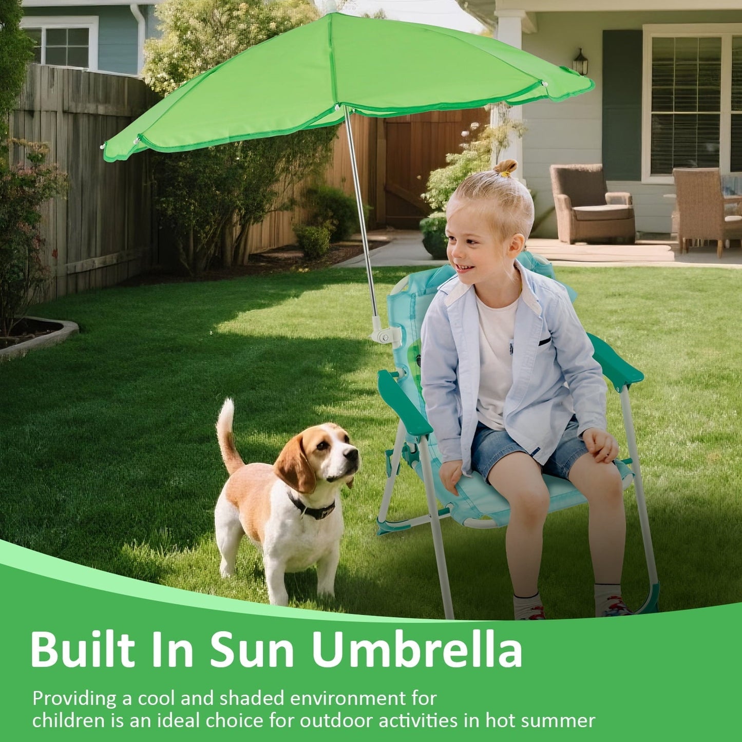 Grusce Kids Beach Chair with Sun Umbrella, Cute Animal Portable Folding Camping Chair, 40kg Capacity for Beach Outdoor Camping Picnic