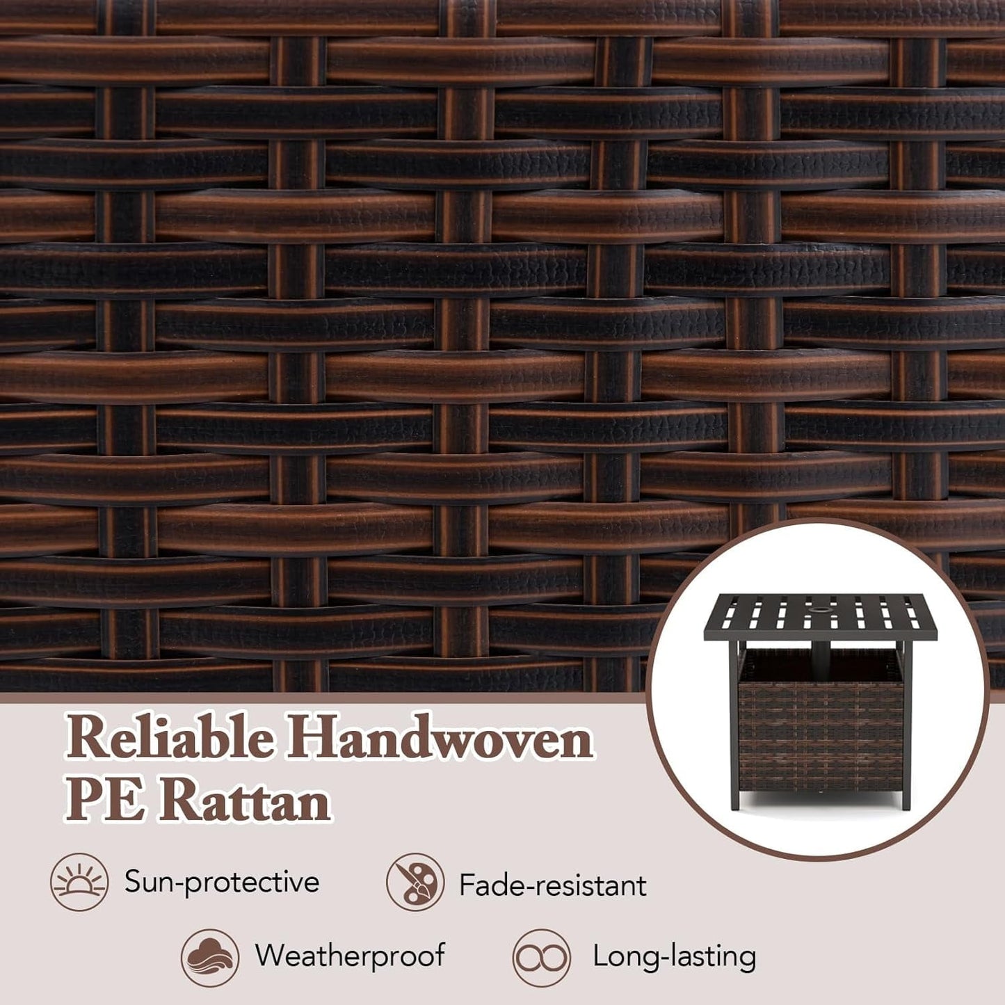 SUPQ Outdoor Side Table with Umbrella Hole, 22" Wicker Umbrella Stand Holder and Base, Weather-Resistant PE Rattan Patio End Table for Deck Garden Poolside (Metal Tabletop, Brown)