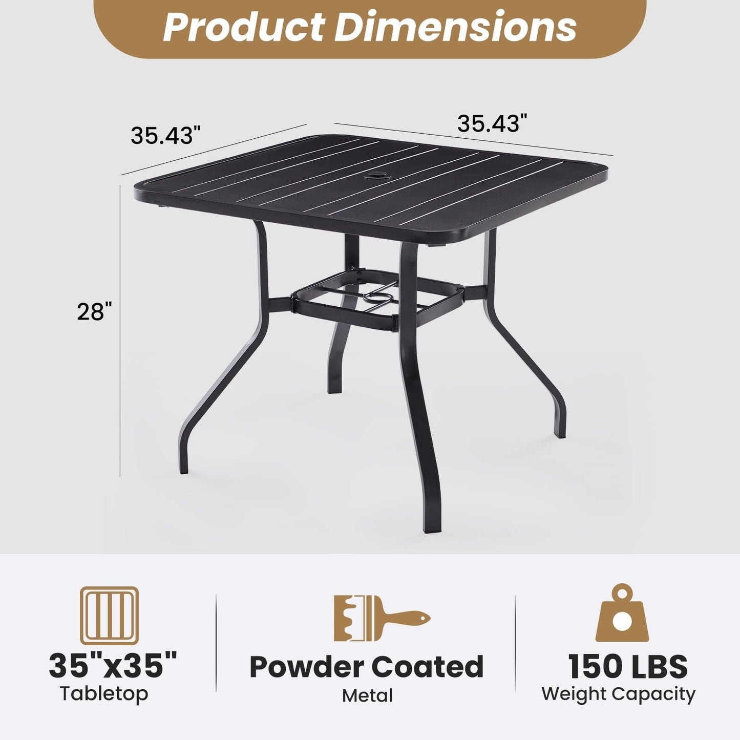 STARY Patio Dining Table 35"x35", Square Outdoor Dining Table with 1.57" Umbrella Hole for Patio Graden Backyard and Poolside