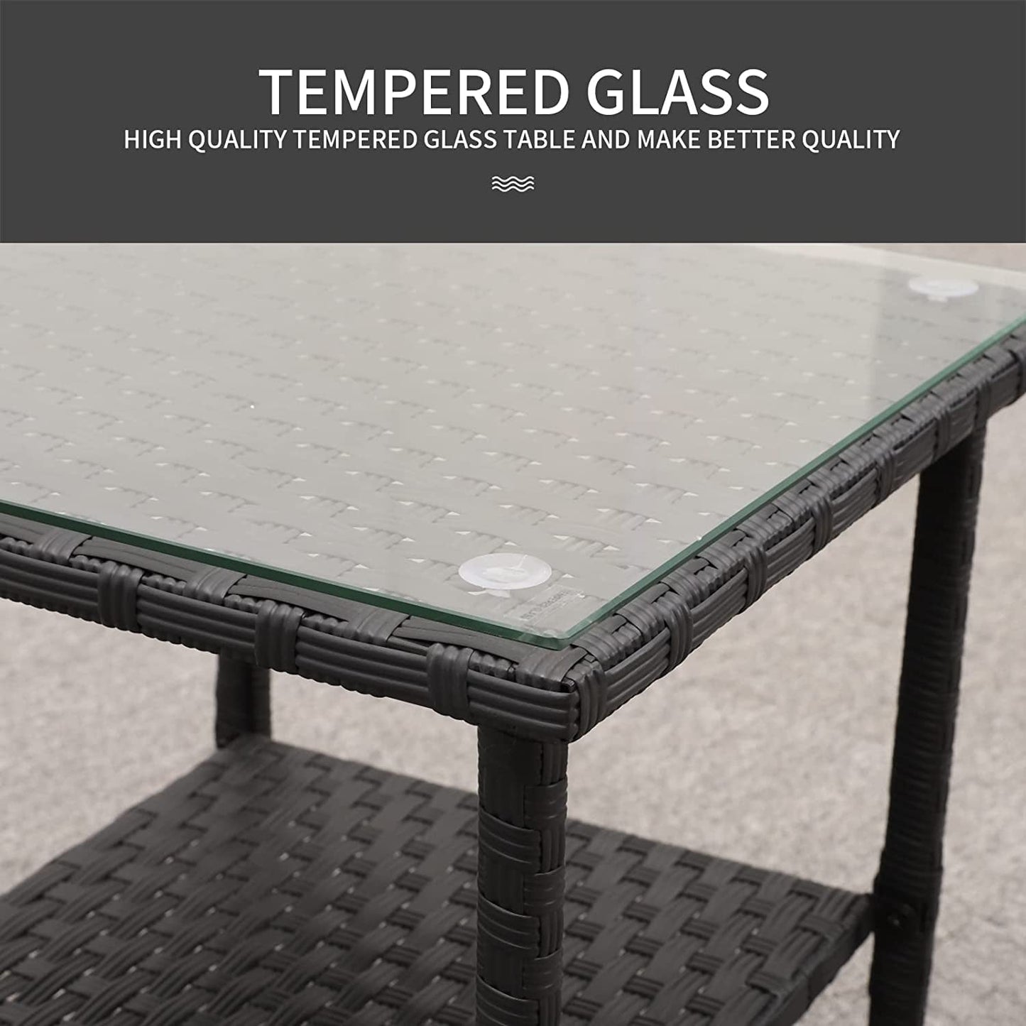 Outdoor PE Wicker Side Table - Patio Rattan Garden Coffee End Square Table with Glass Top Furniture, Black