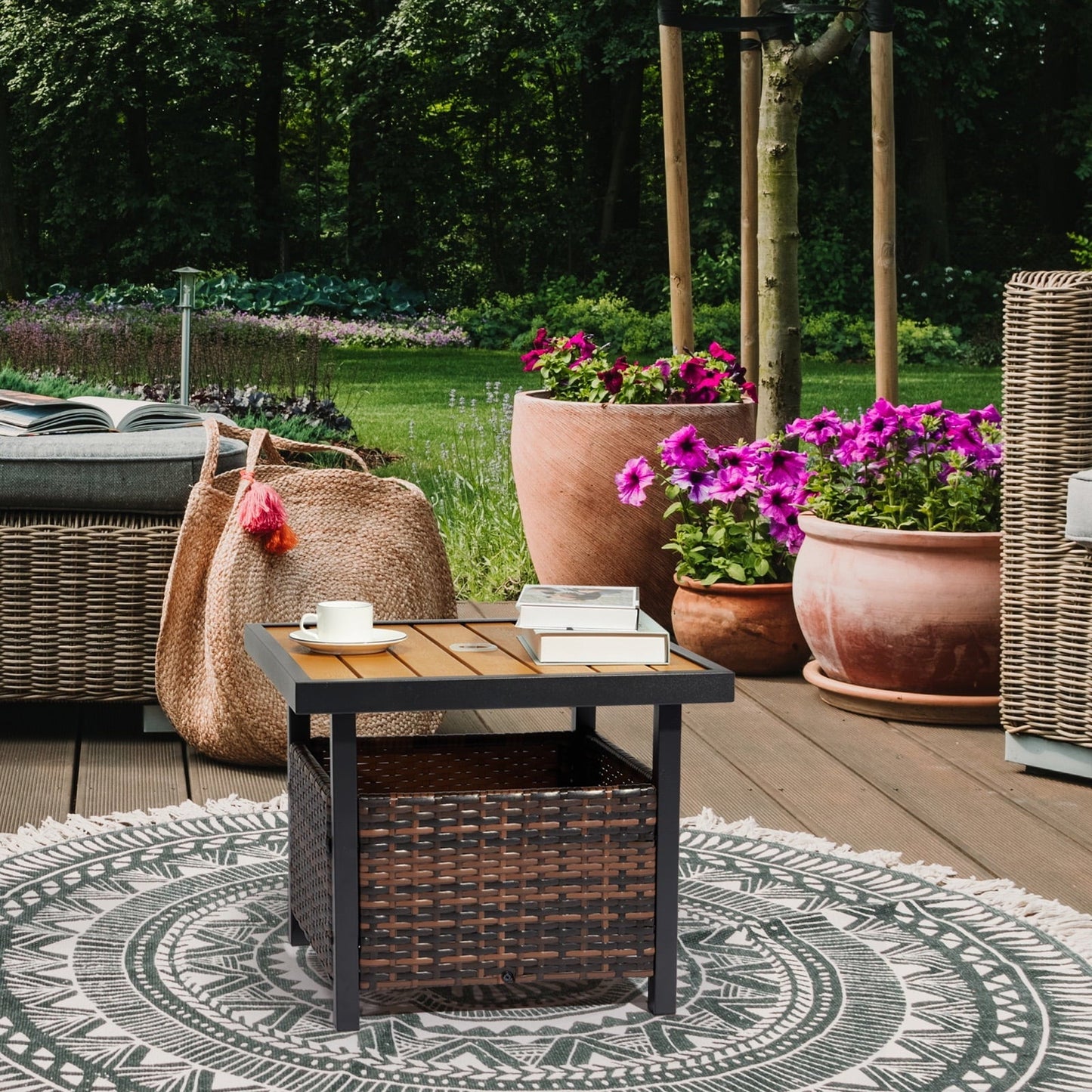 Funnil Patio Wicker Rattan Steel Side Table with Umbrella Hole, All-weather Use Rattan Coffee End Table for Deck, Porch, Garden, Indoor&Outdoor, Brown