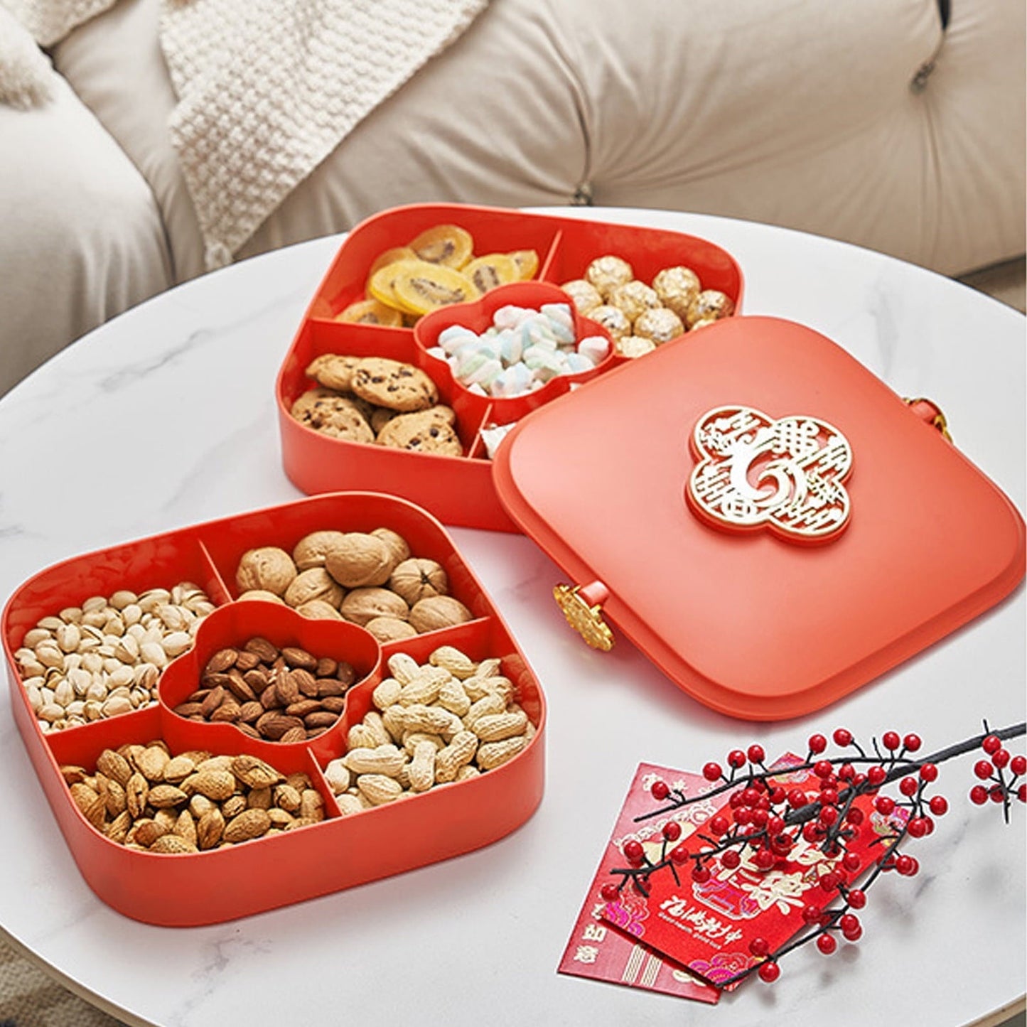 Kraoden Multi-Layer Detachable Fruit Tray, Dried Fruit Box with Unique Partition for Snacks, Coffee Table Storage, Ideal for Home & Outdoor Use