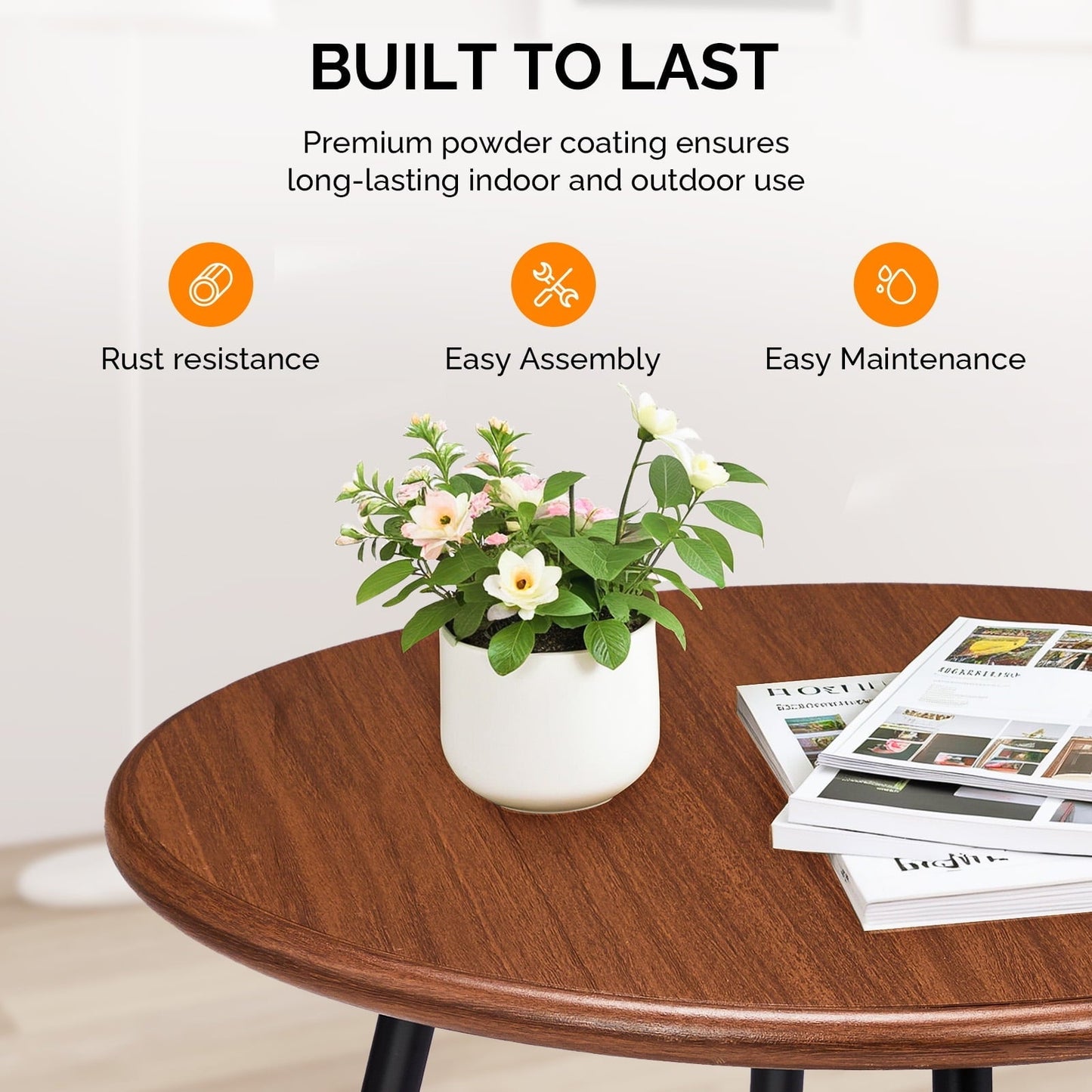 Xilee Outdoor Side Table with Imitation Wood Tabletop,19 Inch Round Table, Anti-Rust Waterpoof Metal Small Dining Table for Patio, Outside, Camping, Balcony