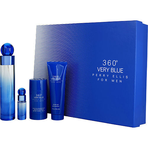 Perry Ellis 360 Very Blue By Perry Ellis Edt Spray 3.4 Oz & Deodorant Stick 2.7 Oz & Shower Gel 3 Oz & Edt Spray 0.25 Oz Mini(D0