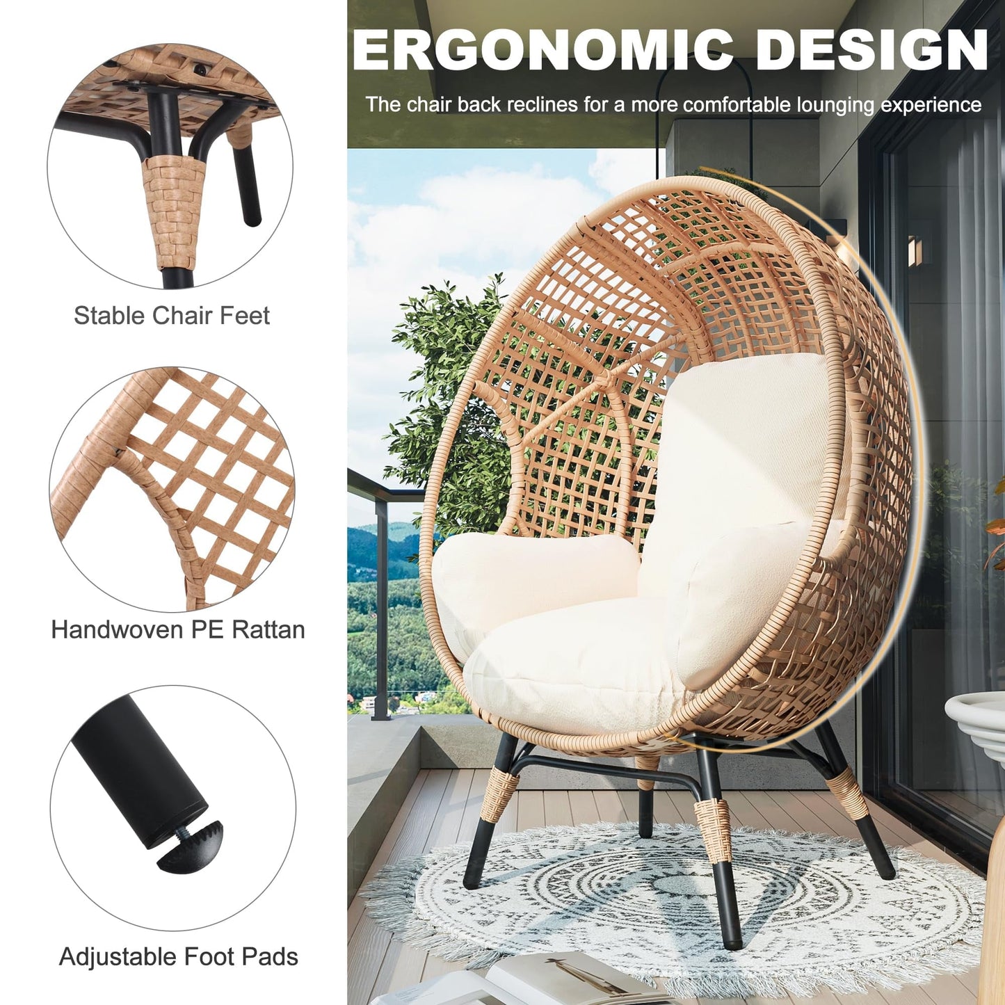 TQKVIPI Oversized Wicker Egg Chair Outdoor Indoor,Patio Lounge Chair with Thicken Cushions & Durable Steel Frame, Egg Basket Chair 500lbs Capacity for Garden, Backyard, Porch,Bedroom (Beige-Plaid)