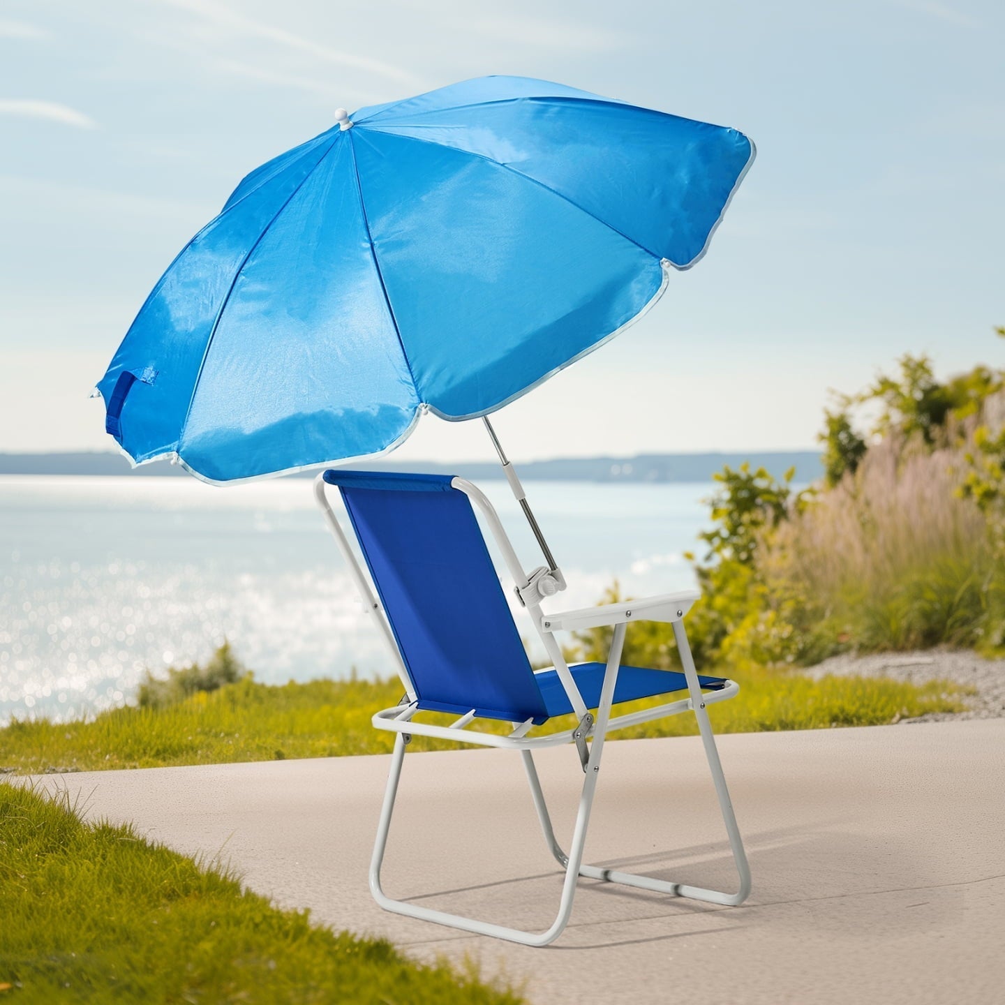 Folding Camping Chair with Adjustable Umbrella for Adults, Lightweight Portable Beach Chairs for Travel & Outdoor Activities, 265lbs Capacity, Blue
