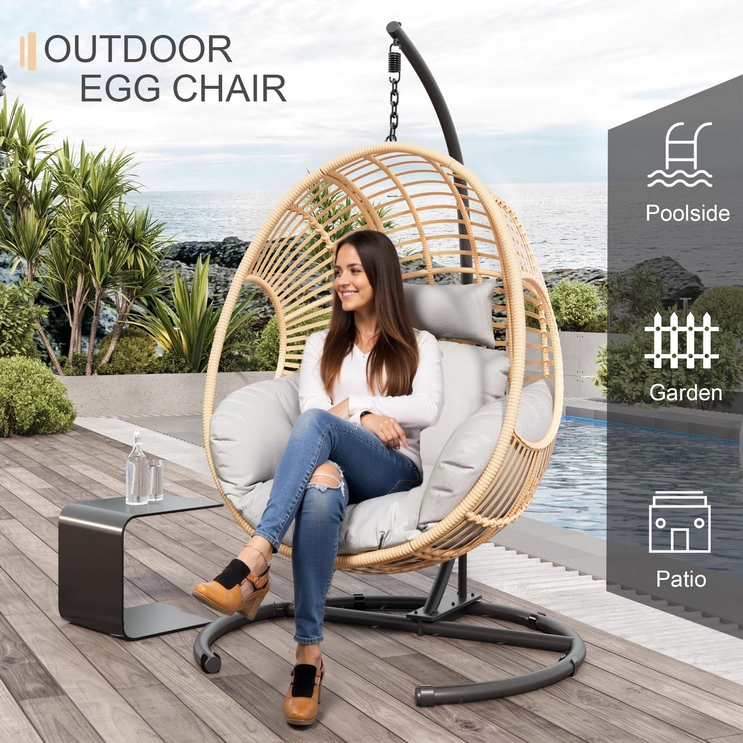 TQKVIPI Oversized Hanging Egg Chair Outdoor Indoor, Wicker Swing Egg Chair with Stand  Rain Cover UV Resistant Cushion 400lbs Capacity for Bedroom, Patio, Garden and Balcony (Beige-Regular)