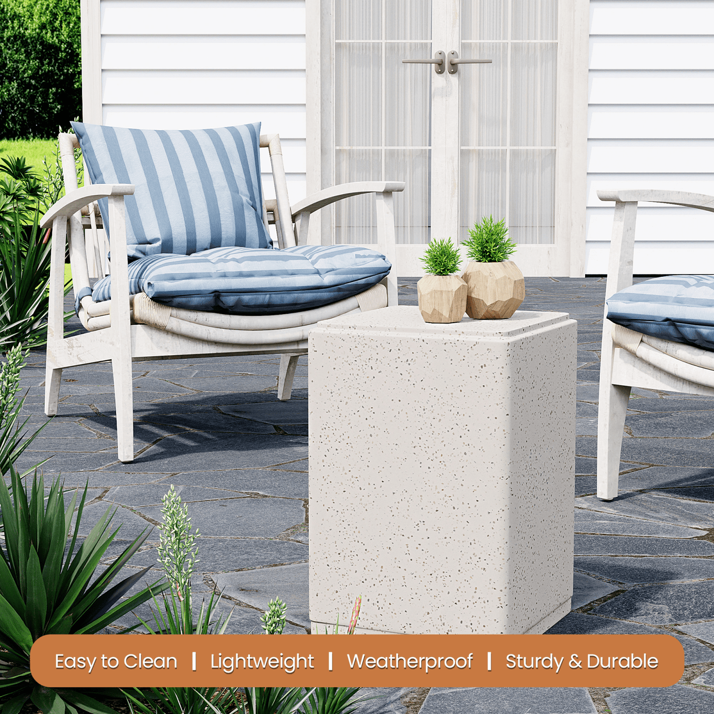 MOALCOFER Outdoor Side Table,Rectangle Concrete End Table with Spotted for Patio,White