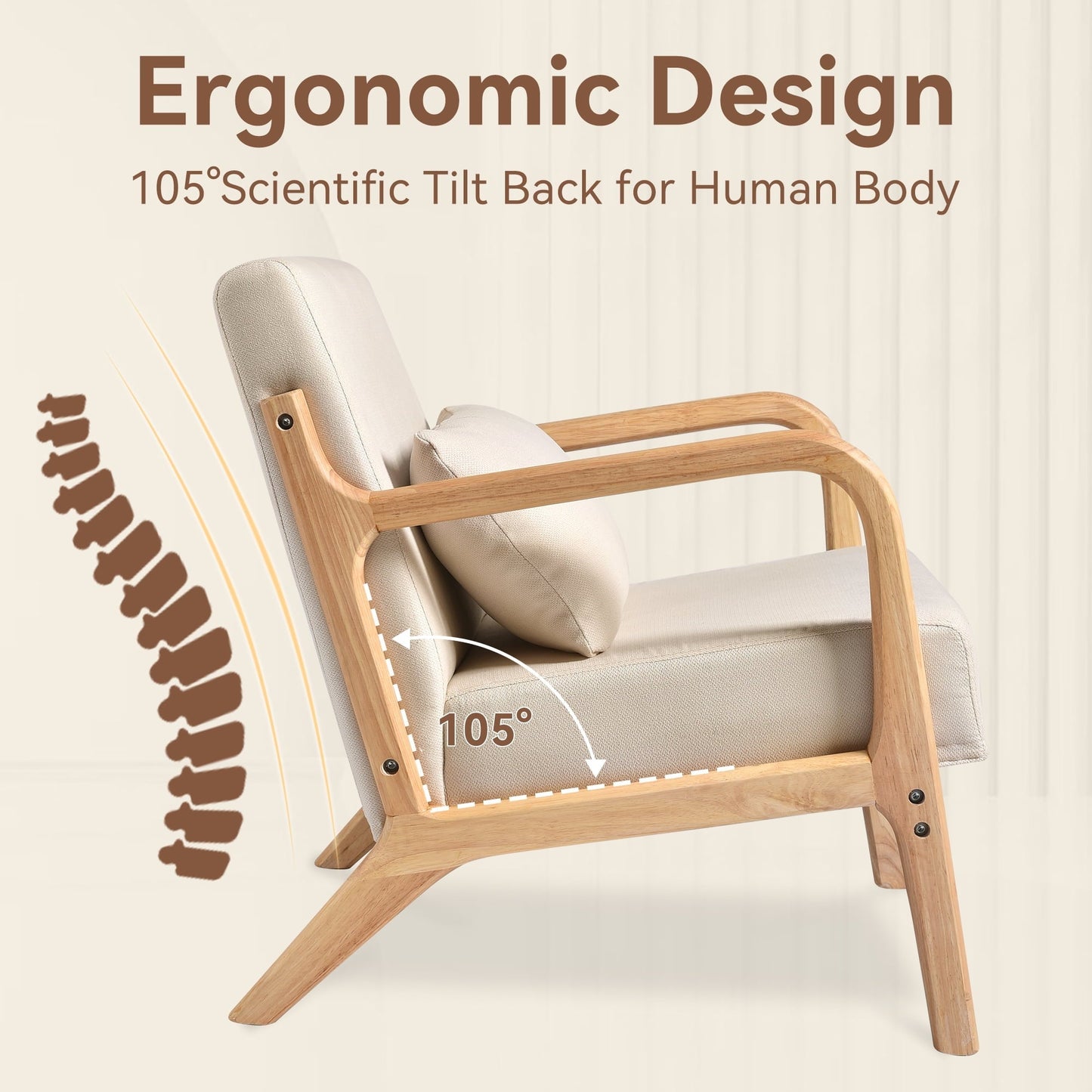 YEEZEE Mid Century Modern Chair - Solid Wood Accent chair with Ergonomic Armrests and Lumbar Pillow