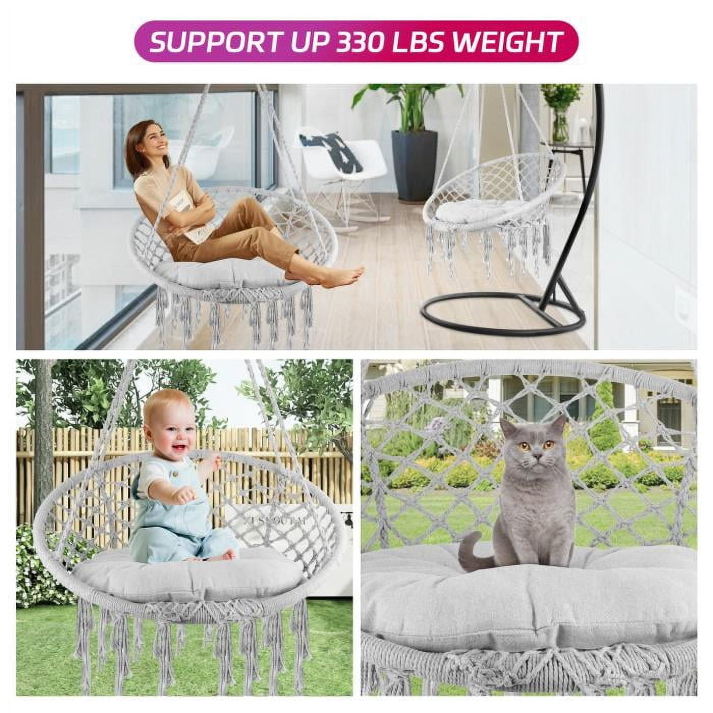 Gray Hanging Chair, Gentle Support Cushion, Breathable Seat, Rust-Resistant Steel, Lightweight 11.7 lbs, Hanging Cotton Rope Chair, Kids Room, Bedroom, Courtyard, Lawn