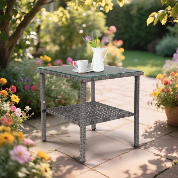 Square Double Layer Glass Top Side Table, Gray Gradient Rattan, Steel Frame, Outdoor Patio Furniture