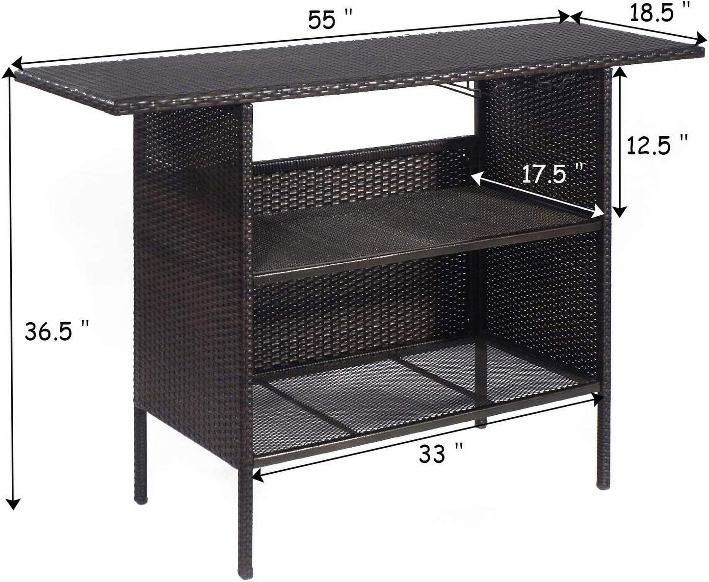 ReunionG Outdoor Wicker Bar Patio Rattan Counter Table with 2 Steel Shelves, 55.1" x 18.5" x 36.2"(L x W x H), Brown