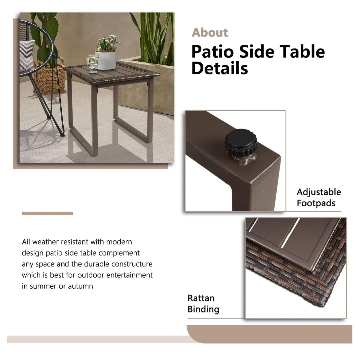 Outdoor Wicker Rattan Side End Tables for Patio Set of 2, 2 PCS Square Outdoor Patio Furniture End Table for Porch Lawn Garden Balcony Pool Bistro, Brown