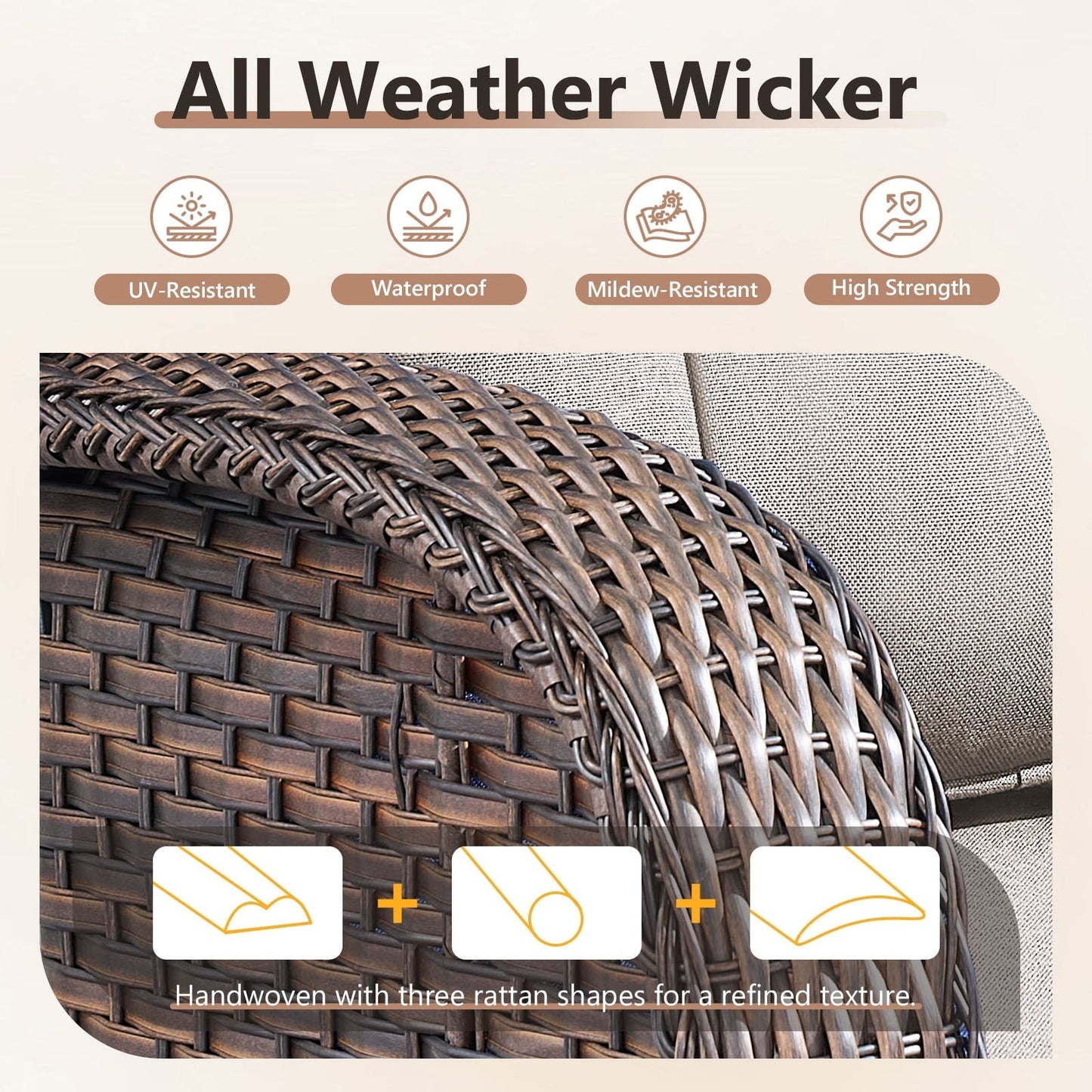 OPOHORO Outdoor Glider Chairs Set of 2, Brown Wicker Patio Furniture Swivel Rockers with T Shape-Back Cushions and 5" Thick Foam, Ideal for Porch and Yard, Beige