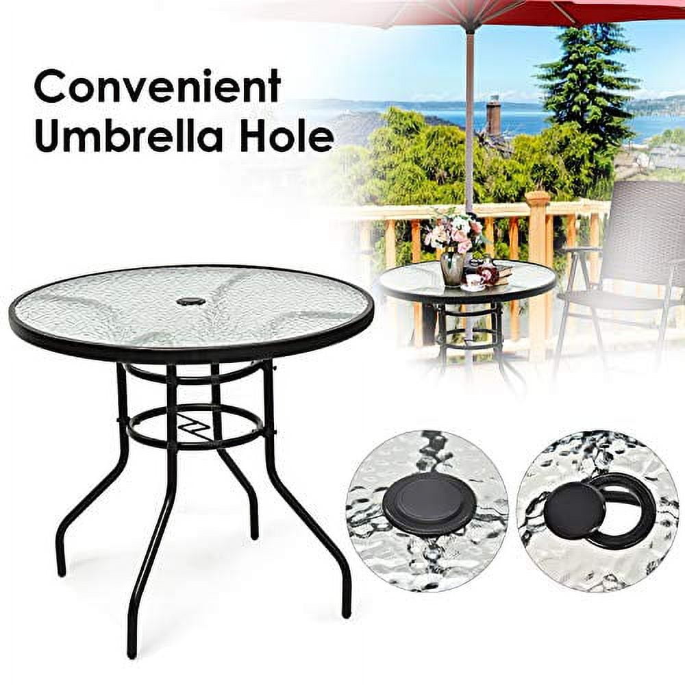 KOTEK 32'' Patio Table with Umbrella Hole, Outdoor Bistro Table w/Tempered Glass Top & Sturdy Metal Frame, Round Patio Dining Table Coffee Table for Garden, Balcony, Poolside