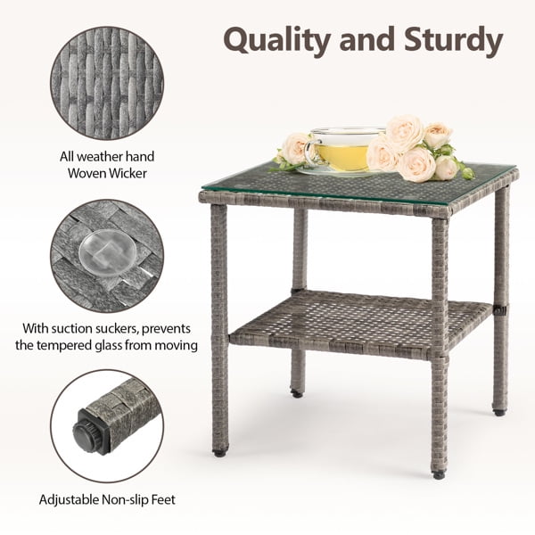 Square Double Layer Glass Top Side Table, Gray Gradient Rattan, Steel Frame, Outdoor Patio Furniture