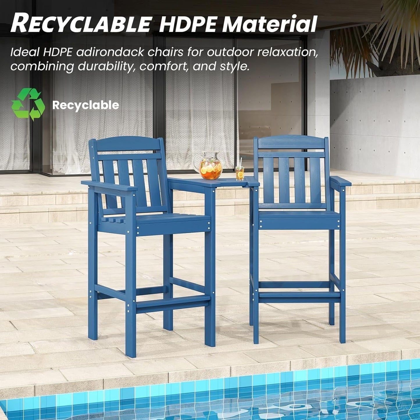 STARY Tall Adirondack Chairs Set of 2, HDPE Adirondack Bar Stools with Connecting Tray, Bar Height Adirondack Chair Patio Barstool, Ideal All Weather Tall Patio Chair for Balcony, Poolside, Backyard