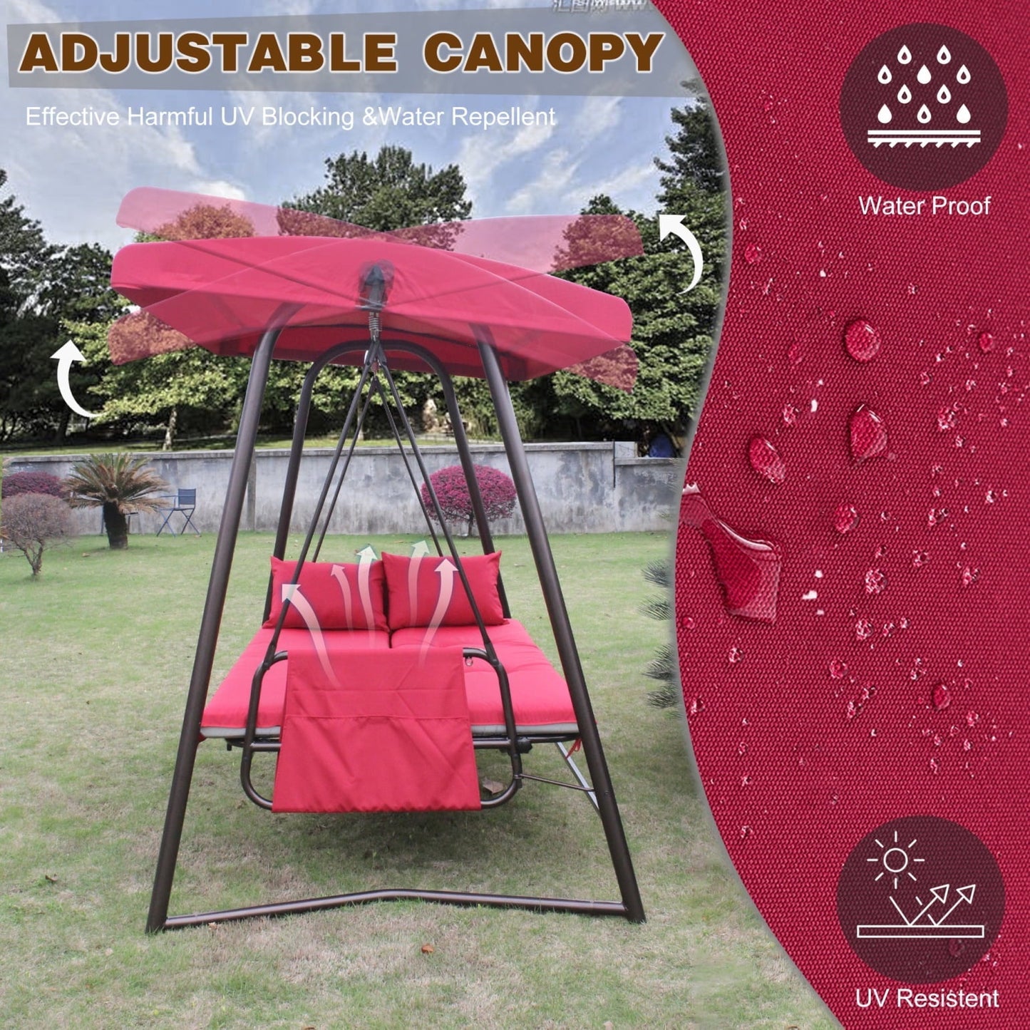3-Seater Outdoor Patio Metal Swing Chair with Cushion and Adjustable Canopy, Comfortable Leisure Swing Bed with Adjustable Backrest, for Yard, Patio, Garden, Red