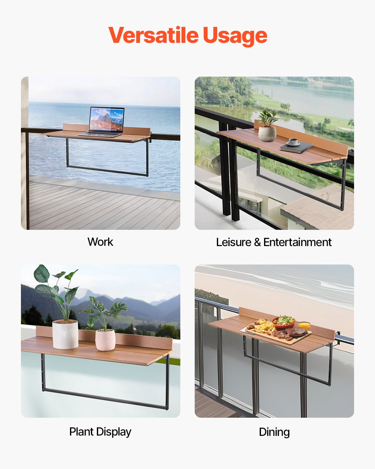 VEVOR Balcony Hanging Table, 15 x 39 in Folding Balcony Railing Table, Outdoor Balcony Bar Table for Railings, 5-Level Adjustable, Fit Railing from 1" to 5.3", Serving Table for Patio & Deck
